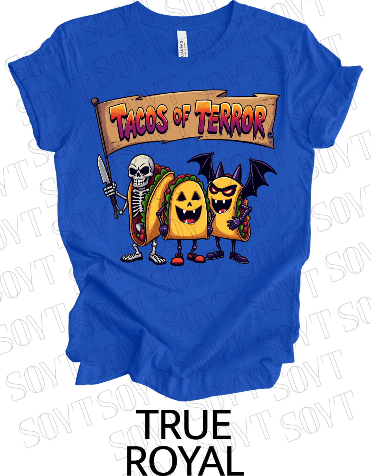 Tacos of Terror Halloween T-Shirt – Skeleton & Spooky Taco Graphic Tee - Festive Apparel StoreRoyal Blue