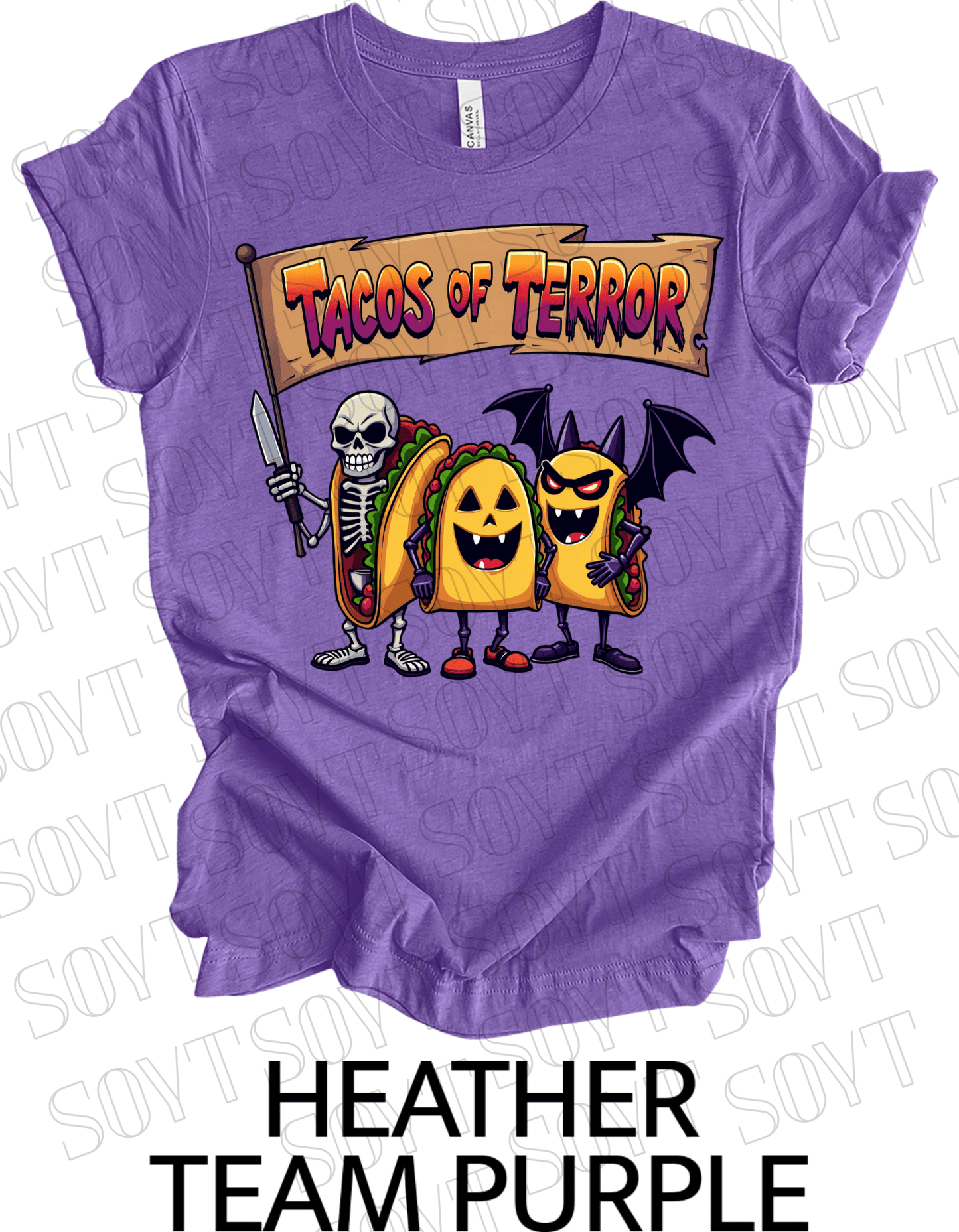 Tacos of Terror Halloween T-Shirt – Skeleton & Spooky Taco Graphic Tee - Festive Apparel StoreHeather Purple