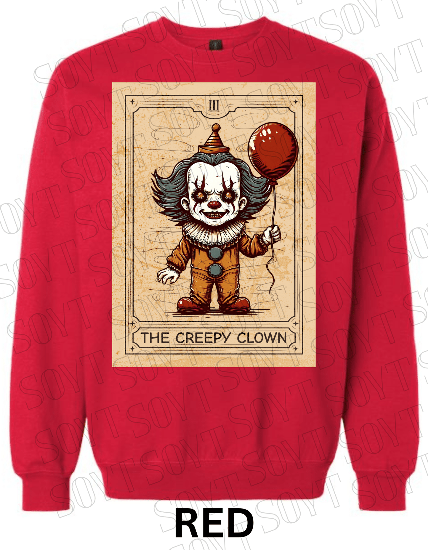 "The Creepy Clown" Halloween Sweatshirt – Tarot - Inspired Pennywise Horror Pullover - Festive Apparel StoreRed