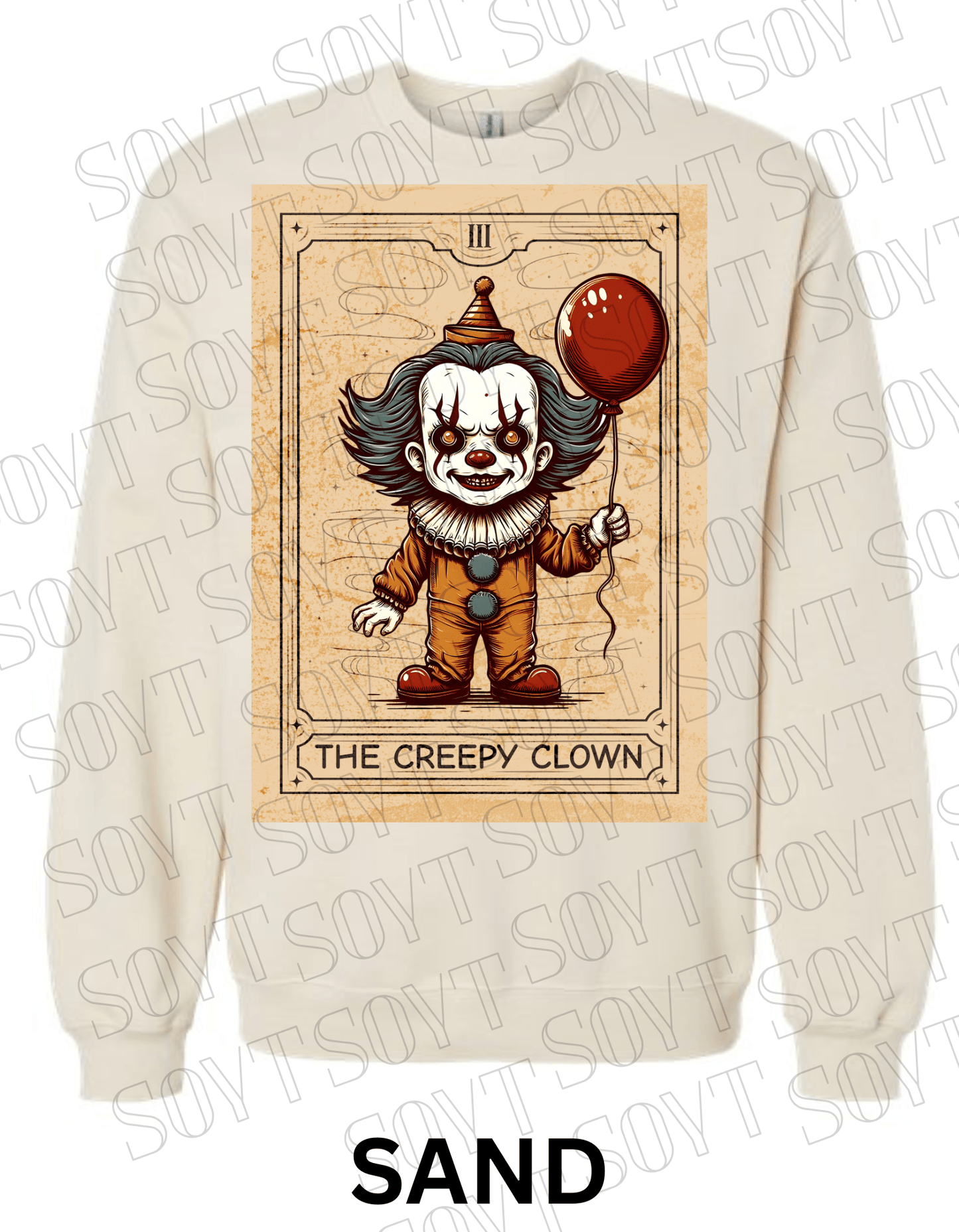 "The Creepy Clown" Halloween Sweatshirt – Tarot - Inspired Pennywise Horror Pullover - Festive Apparel StoreSand