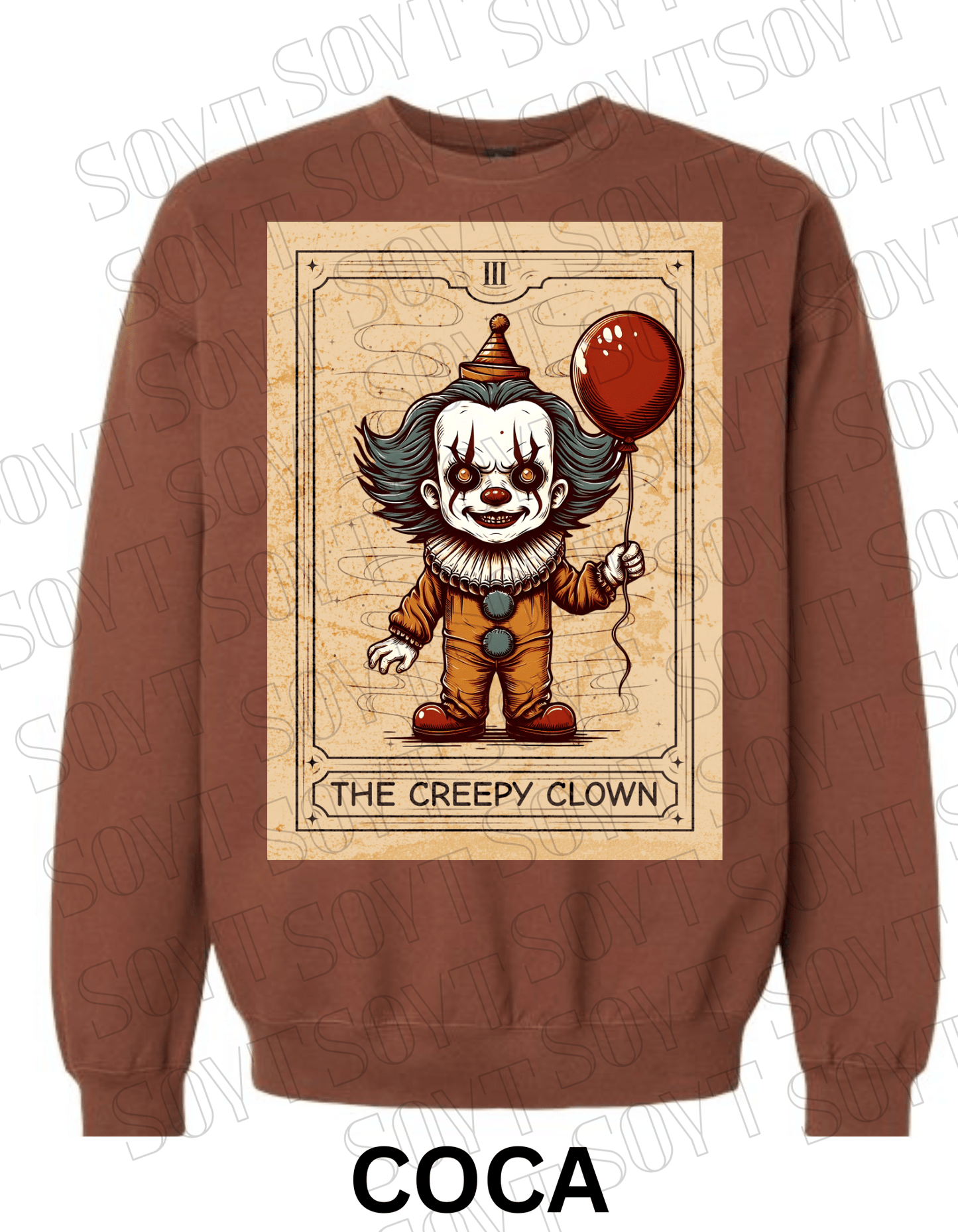 "The Creepy Clown" Halloween Sweatshirt – Tarot - Inspired Pennywise Horror Pullover - Festive Apparel StoreCocoa Brown