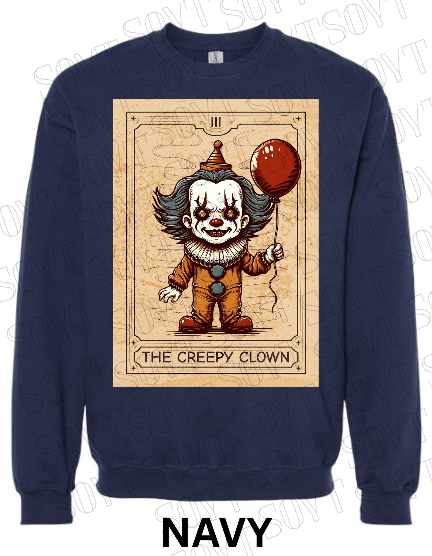 "The Creepy Clown" Halloween Sweatshirt – Tarot - Inspired Pennywise Horror Pullover - Festive Apparel StoreNavy Blue