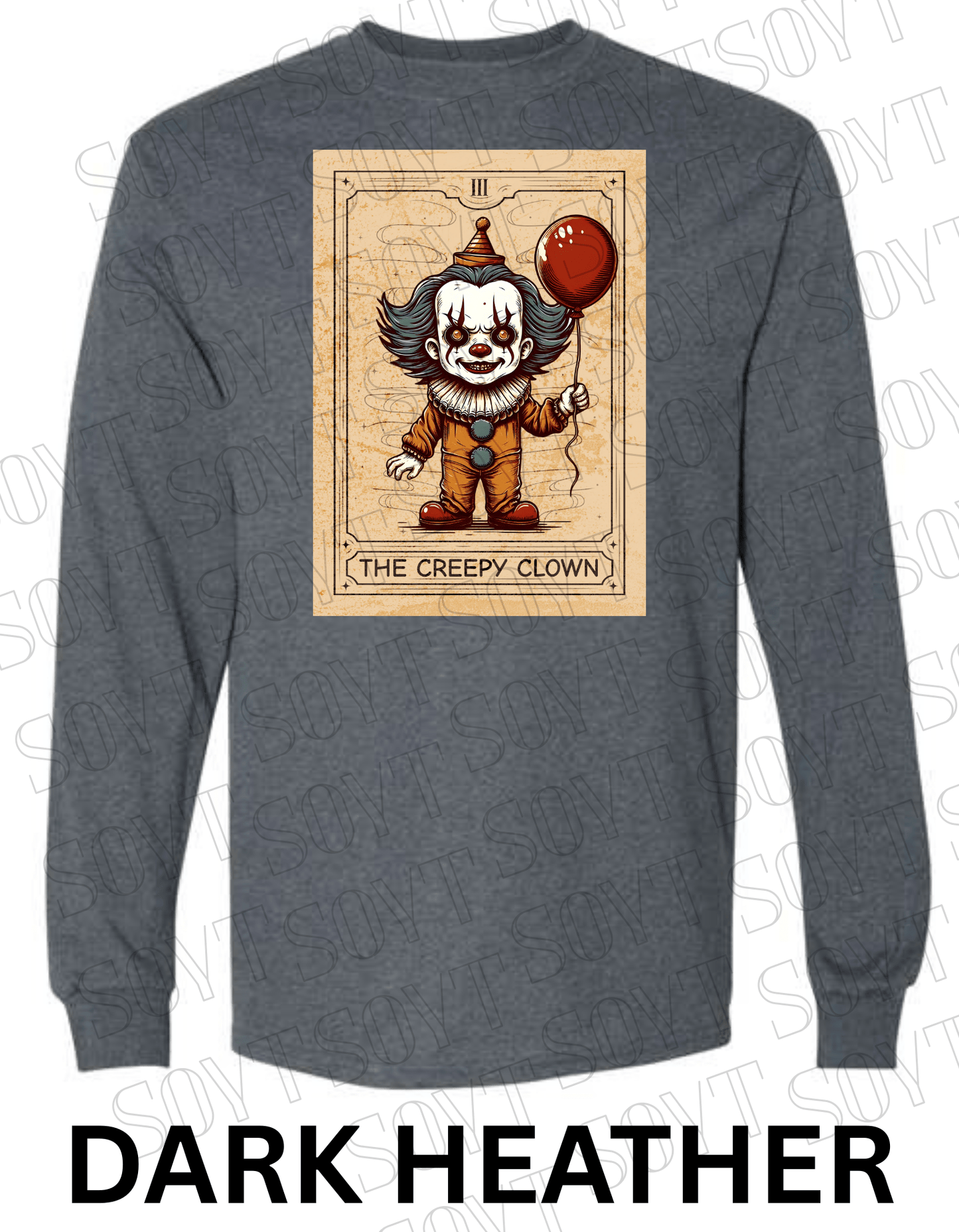 "The Creepy Clown" Long Sleeve Halloween Shirt – Vintage Pennywise - Inspired Tarot Horror Tee - Festive Apparel StoreDark Heather
