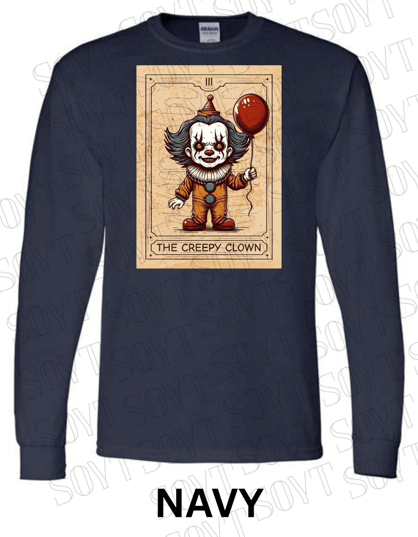 "The Creepy Clown" Long Sleeve Halloween Shirt – Vintage Pennywise - Inspired Tarot Horror Tee - Festive Apparel StoreNavy Blue