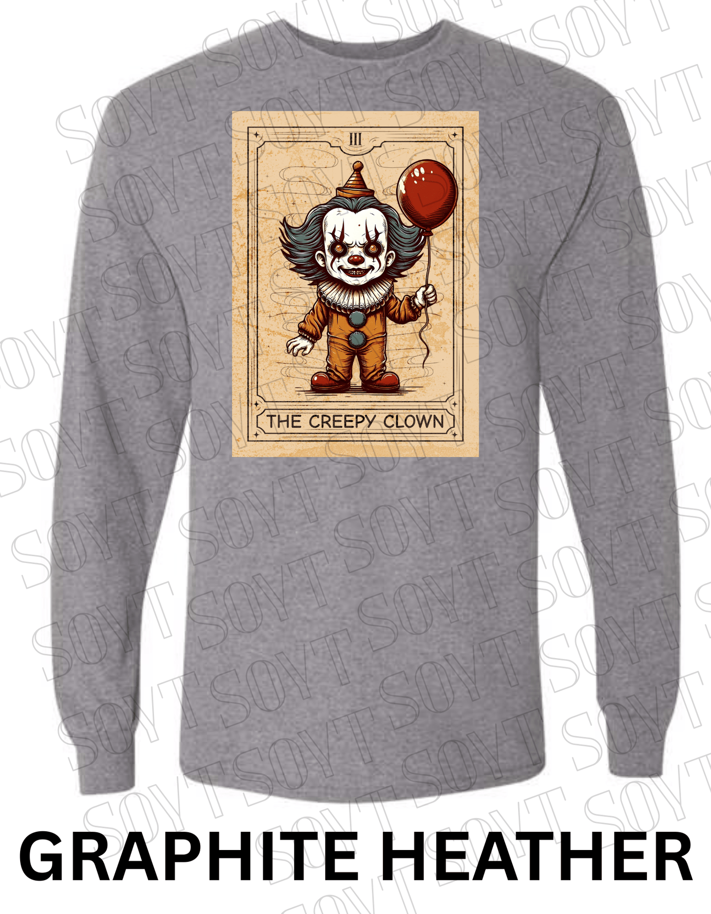 "The Creepy Clown" Long Sleeve Halloween Shirt – Vintage Pennywise - Inspired Tarot Horror Tee - Festive Apparel StoreGraphite Heather