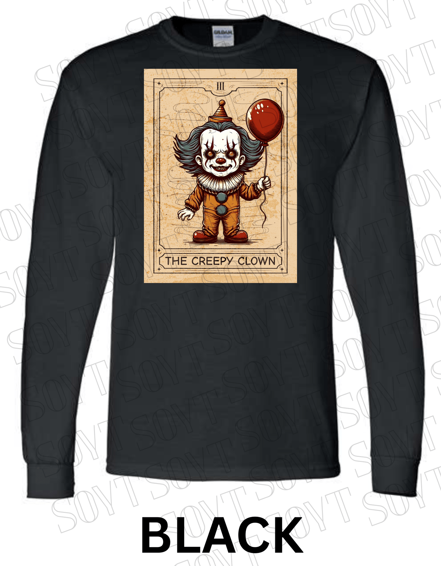 "The Creepy Clown" Long Sleeve Halloween Shirt – Vintage Pennywise - Inspired Tarot Horror Tee - Festive Apparel StoreBlack