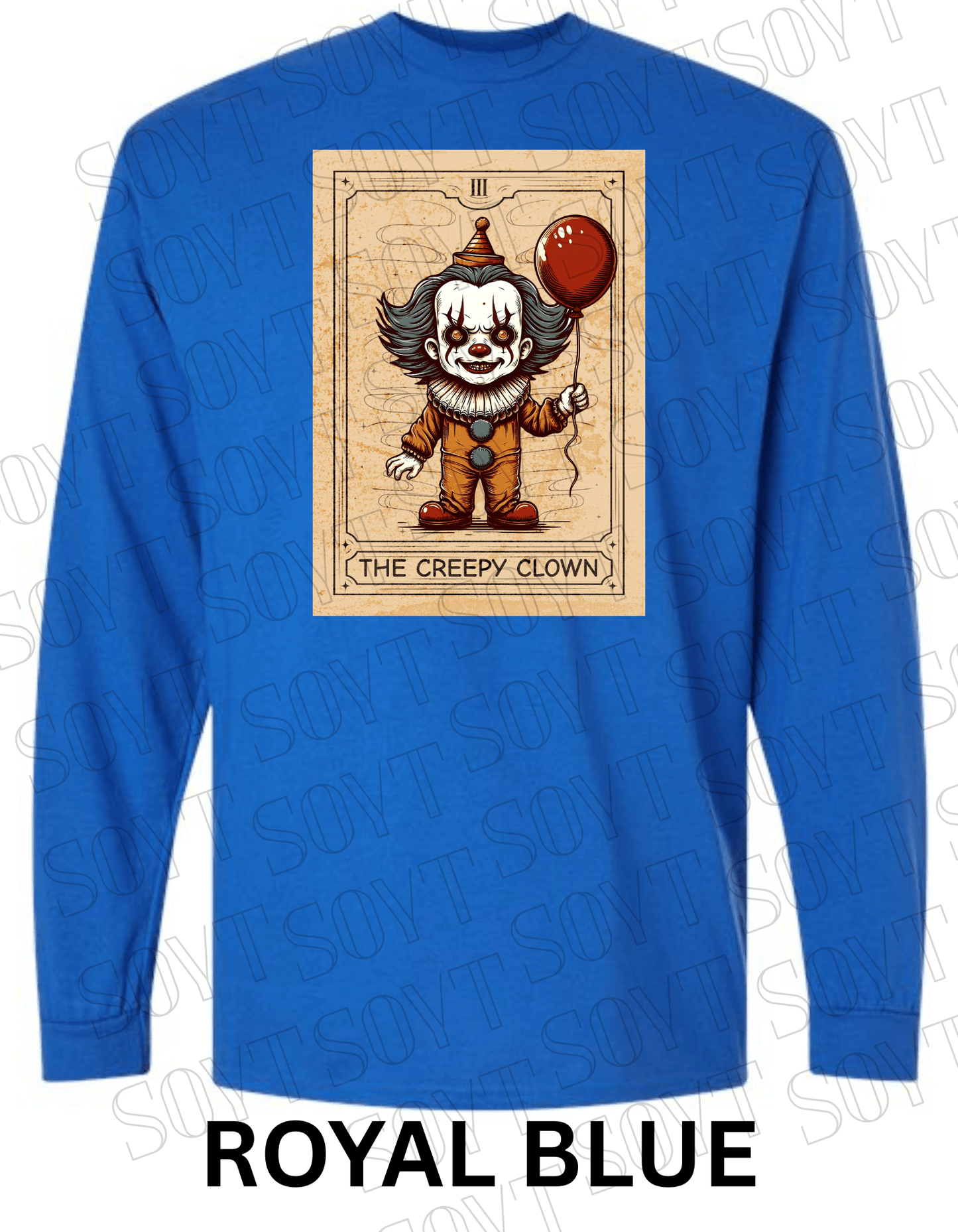 "The Creepy Clown" Long Sleeve Halloween Shirt – Vintage Pennywise - Inspired Tarot Horror Tee - Festive Apparel StoreRoyal Blue