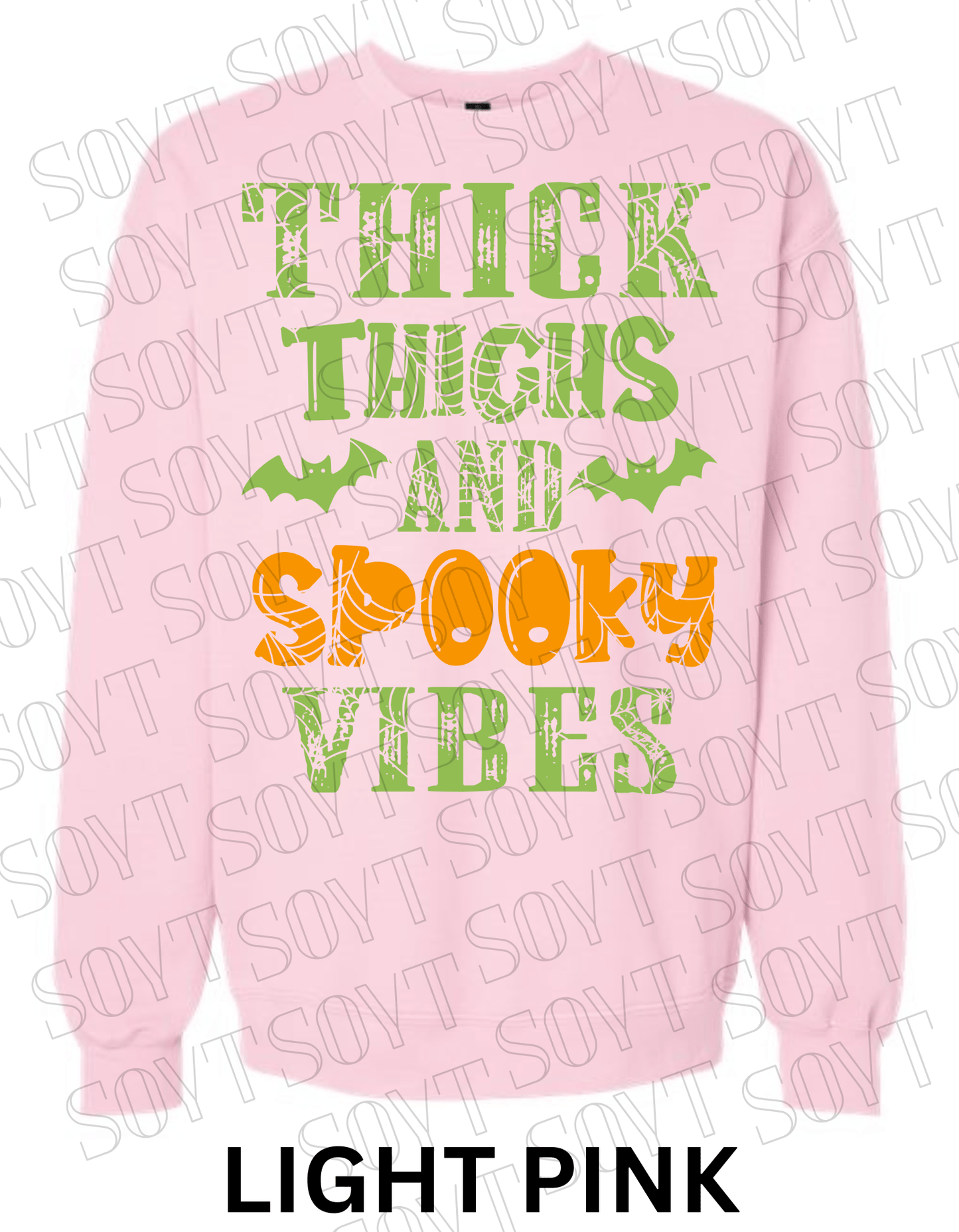 "Thick Thighs and Spooky Vibes" Halloween Sweatshirt – Curvy Girl Fall Fleece with Spiderweb & Bat Graphic - Festive Apparel StoreLight Pink