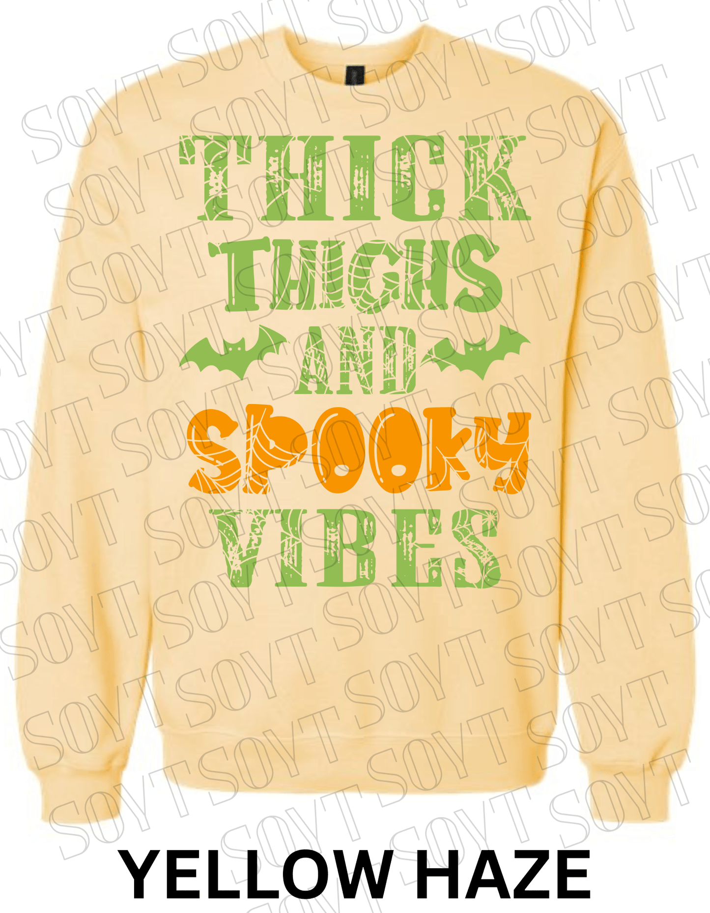 "Thick Thighs and Spooky Vibes" Halloween Sweatshirt – Curvy Girl Fall Fleece with Spiderweb & Bat Graphic - Festive Apparel StoreYellow Haze