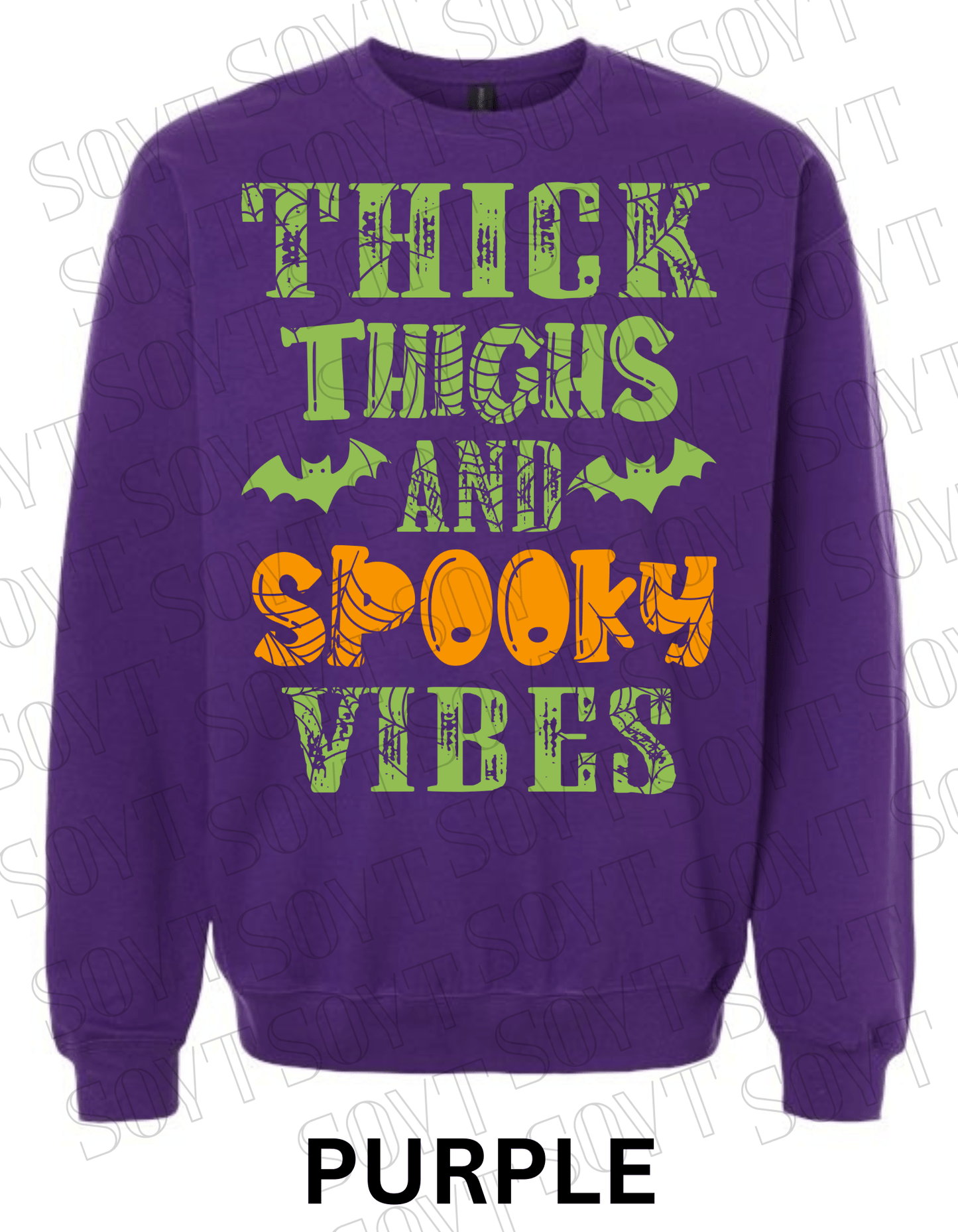 "Thick Thighs and Spooky Vibes" Halloween Sweatshirt – Curvy Girl Fall Fleece with Spiderweb & Bat Graphic - Festive Apparel StorePurple