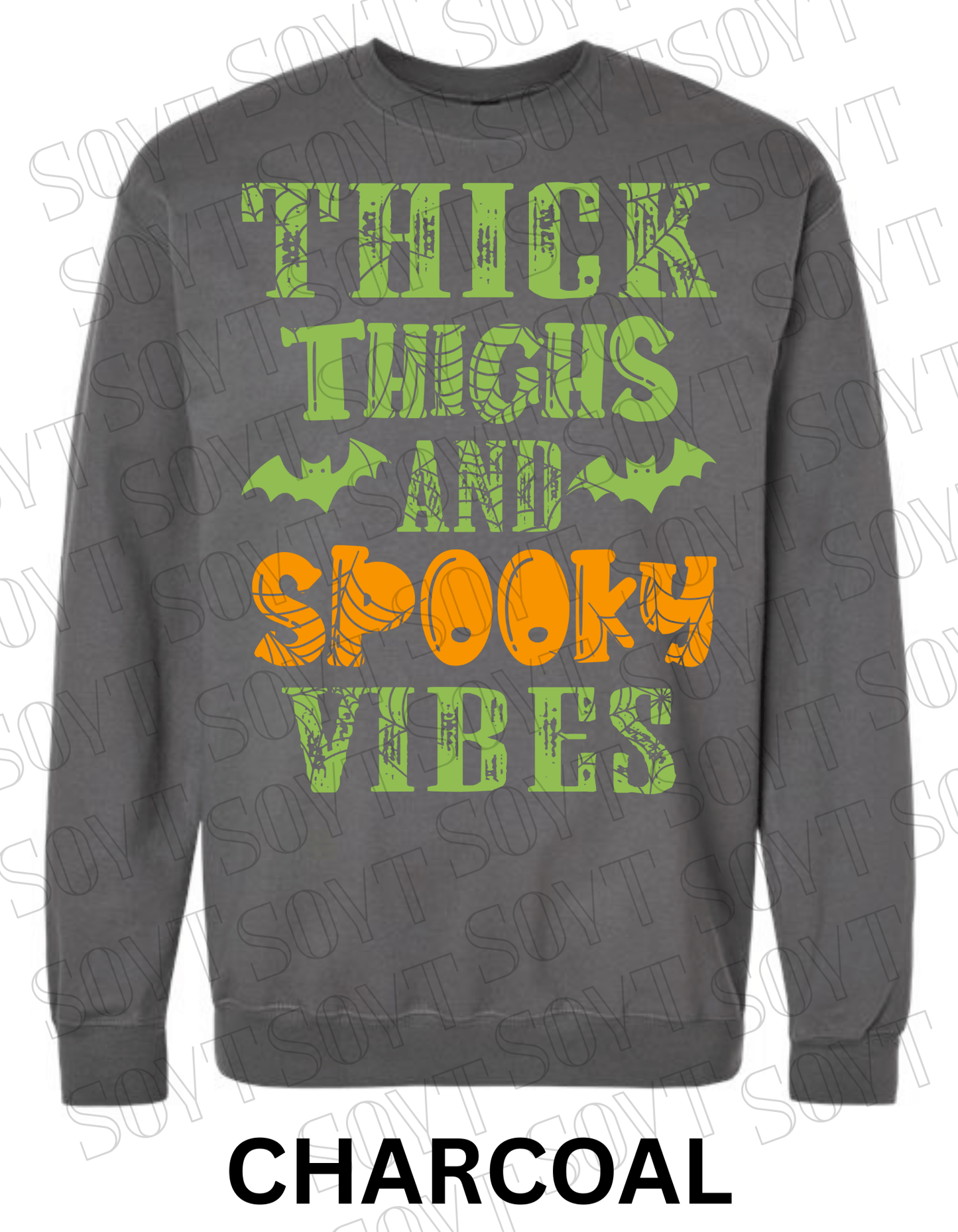 "Thick Thighs and Spooky Vibes" Halloween Sweatshirt – Curvy Girl Fall Fleece with Spiderweb & Bat Graphic - Festive Apparel StoreCharcoal