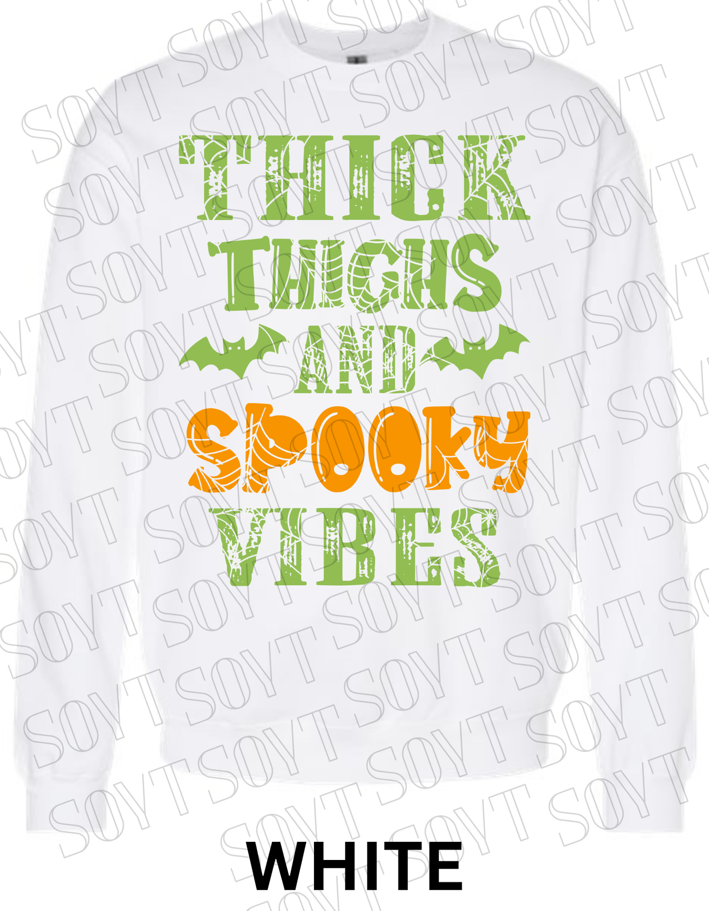 "Thick Thighs and Spooky Vibes" Halloween Sweatshirt – Curvy Girl Fall Fleece with Spiderweb & Bat Graphic - Festive Apparel StoreWhite