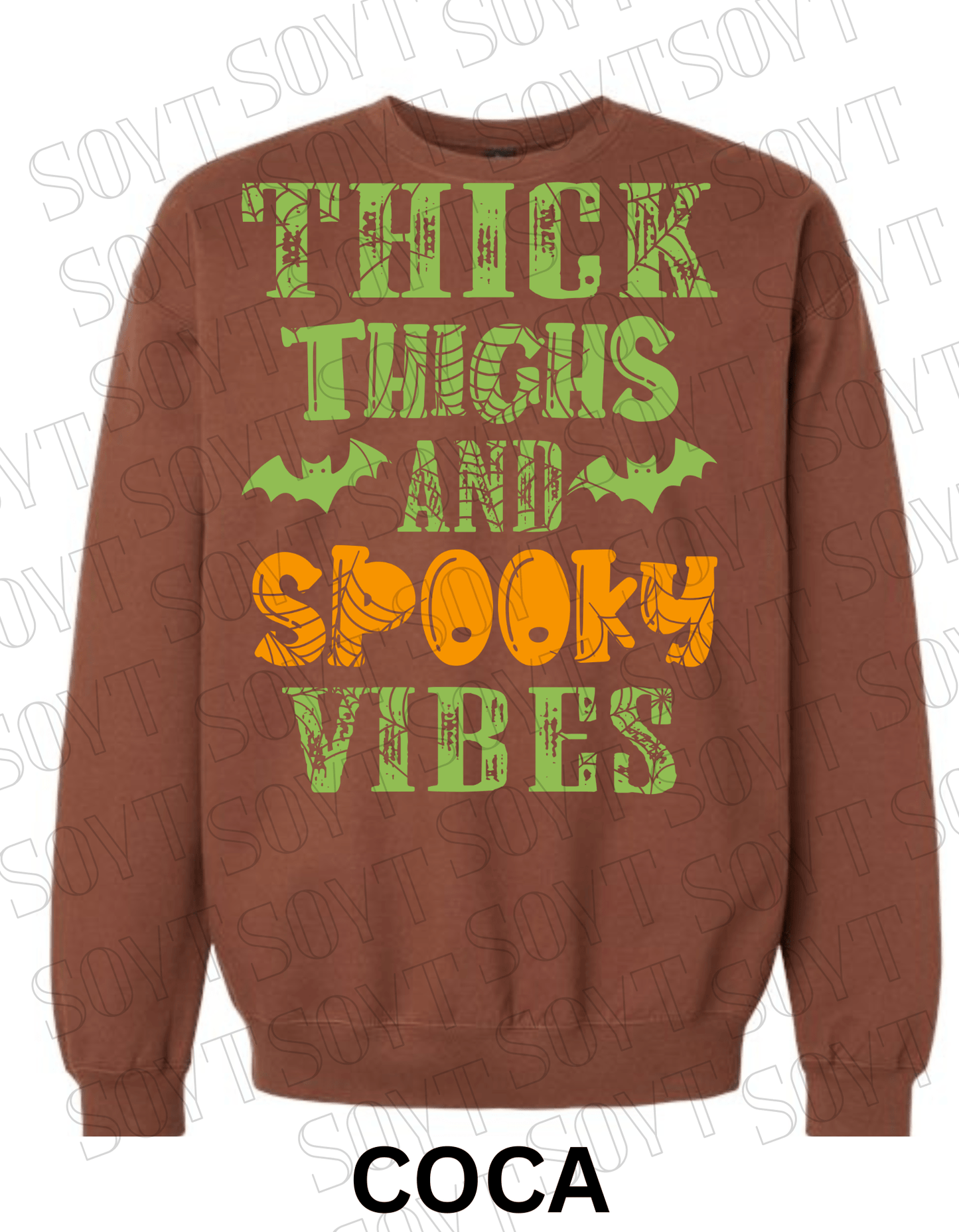 "Thick Thighs and Spooky Vibes" Halloween Sweatshirt – Curvy Girl Fall Fleece with Spiderweb & Bat Graphic - Festive Apparel StoreCocoa Brown
