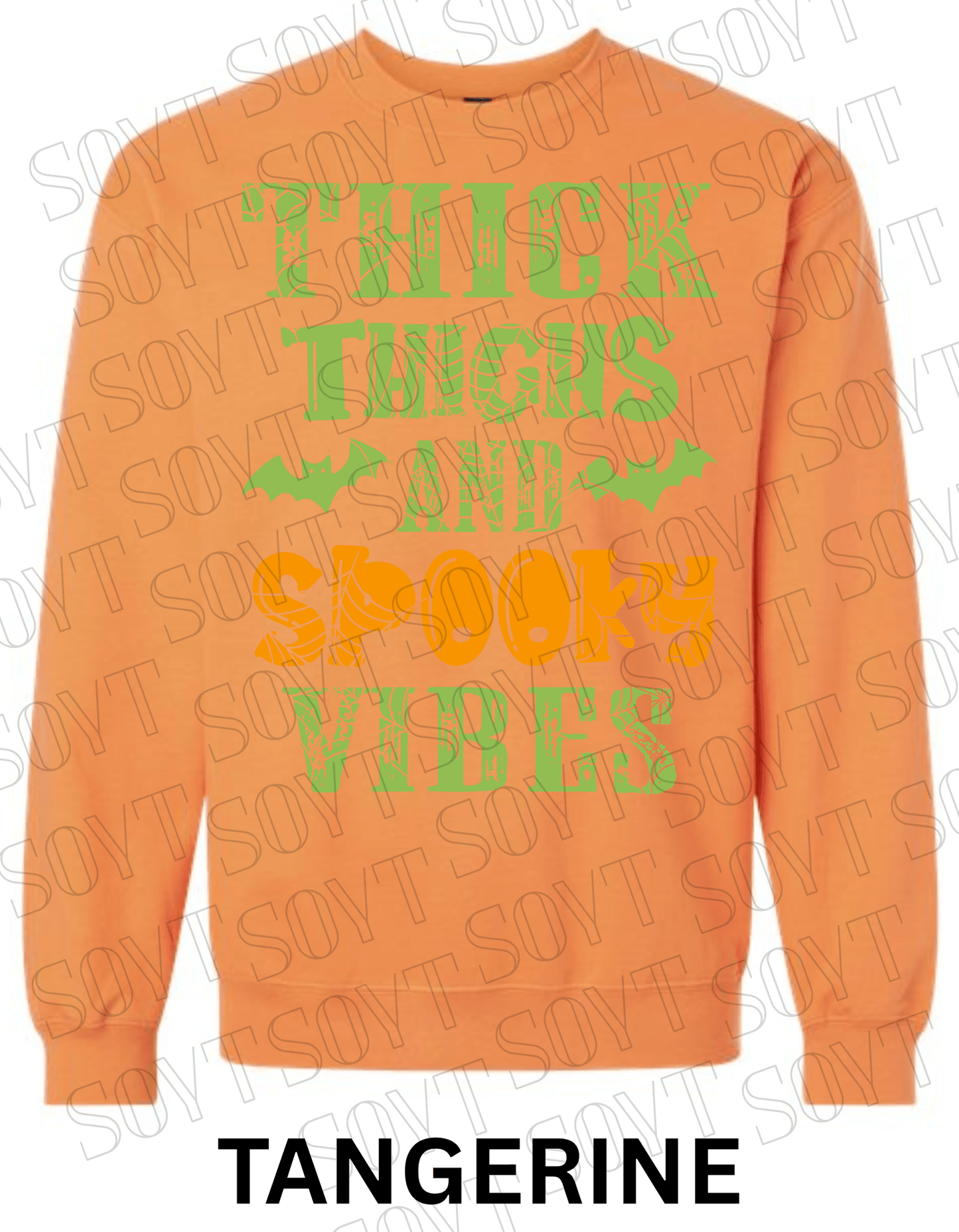 "Thick Thighs and Spooky Vibes" Halloween Sweatshirt – Curvy Girl Fall Fleece with Spiderweb & Bat Graphic - Festive Apparel StoreTangerine