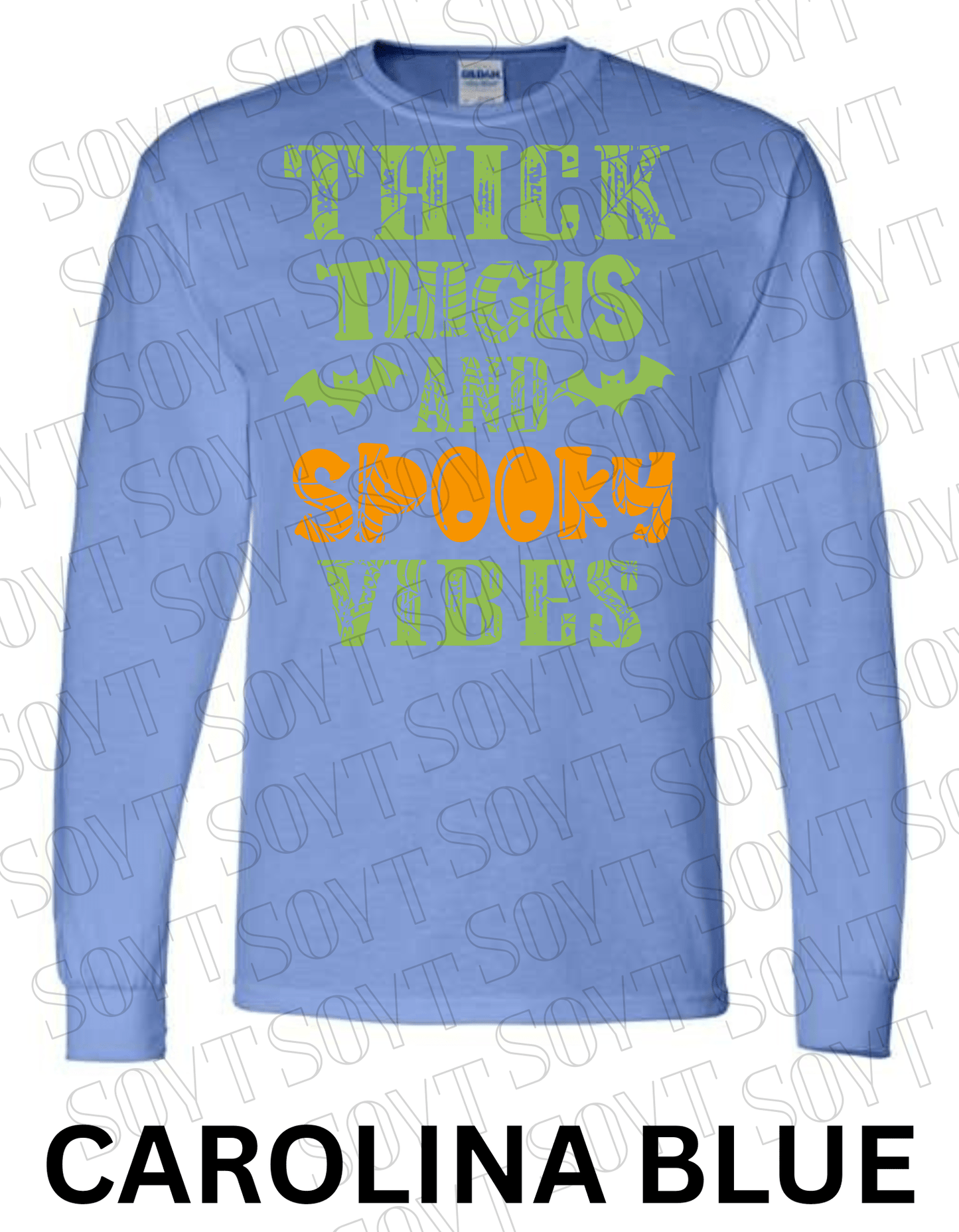 "Thick Thighs and Spooky Vibes" Long Sleeve Shirt – Halloween Spiderweb & Bat Graphic Tee - Festive Apparel StoreCarolina Blue