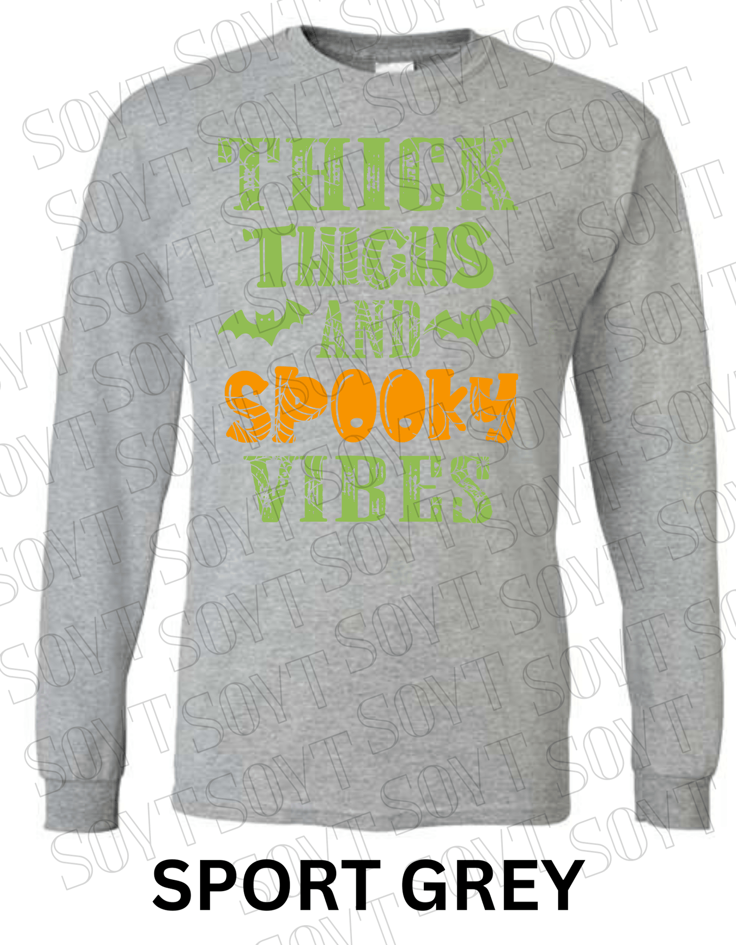 "Thick Thighs and Spooky Vibes" Long Sleeve Shirt – Halloween Spiderweb & Bat Graphic Tee - Festive Apparel StoreSport Grey