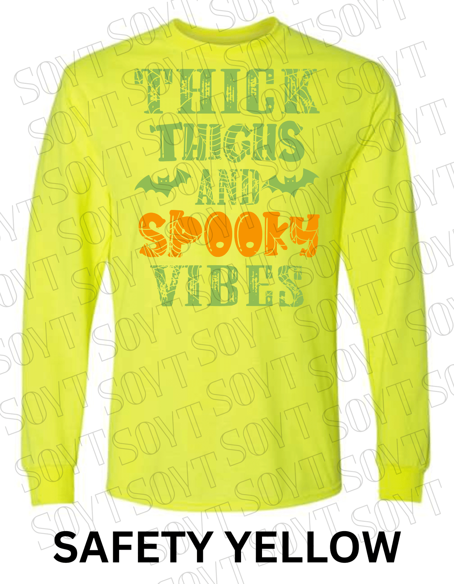 "Thick Thighs and Spooky Vibes" Long Sleeve Shirt – Halloween Spiderweb & Bat Graphic Tee - Festive Apparel StoreSafety Yellow
