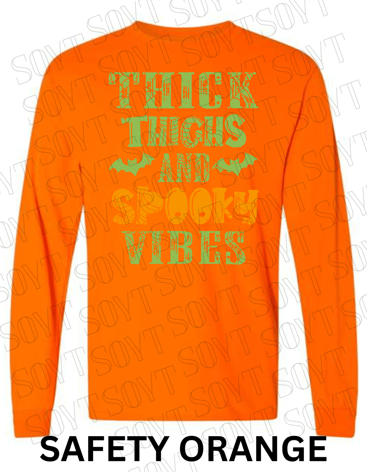 "Thick Thighs and Spooky Vibes" Long Sleeve Shirt – Halloween Spiderweb & Bat Graphic Tee - Festive Apparel StoreSafety Orange