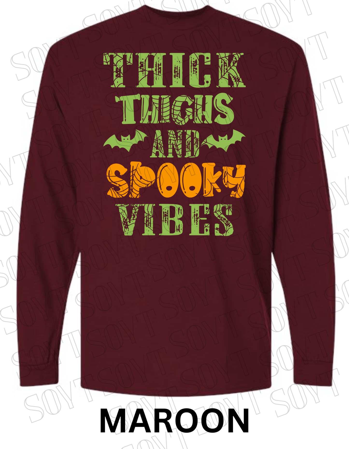 "Thick Thighs and Spooky Vibes" Long Sleeve Shirt – Halloween Spiderweb & Bat Graphic Tee - Festive Apparel StoreMaroon