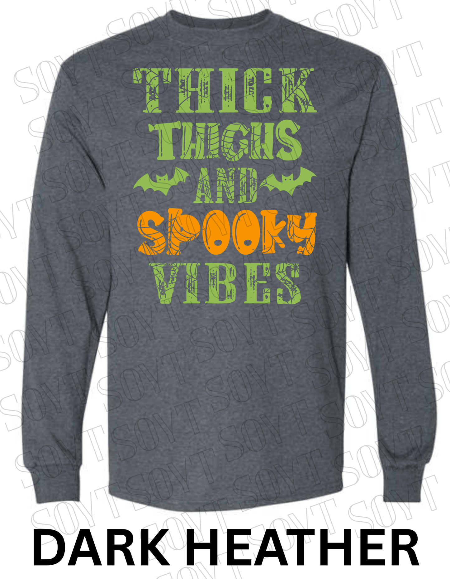 "Thick Thighs and Spooky Vibes" Long Sleeve Shirt – Halloween Spiderweb & Bat Graphic Tee - Festive Apparel StoreDark Heather