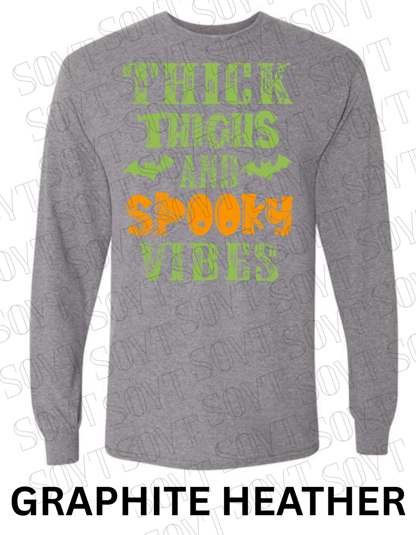 "Thick Thighs and Spooky Vibes" Long Sleeve Shirt – Halloween Spiderweb & Bat Graphic Tee - Festive Apparel StoreGraphite Heather