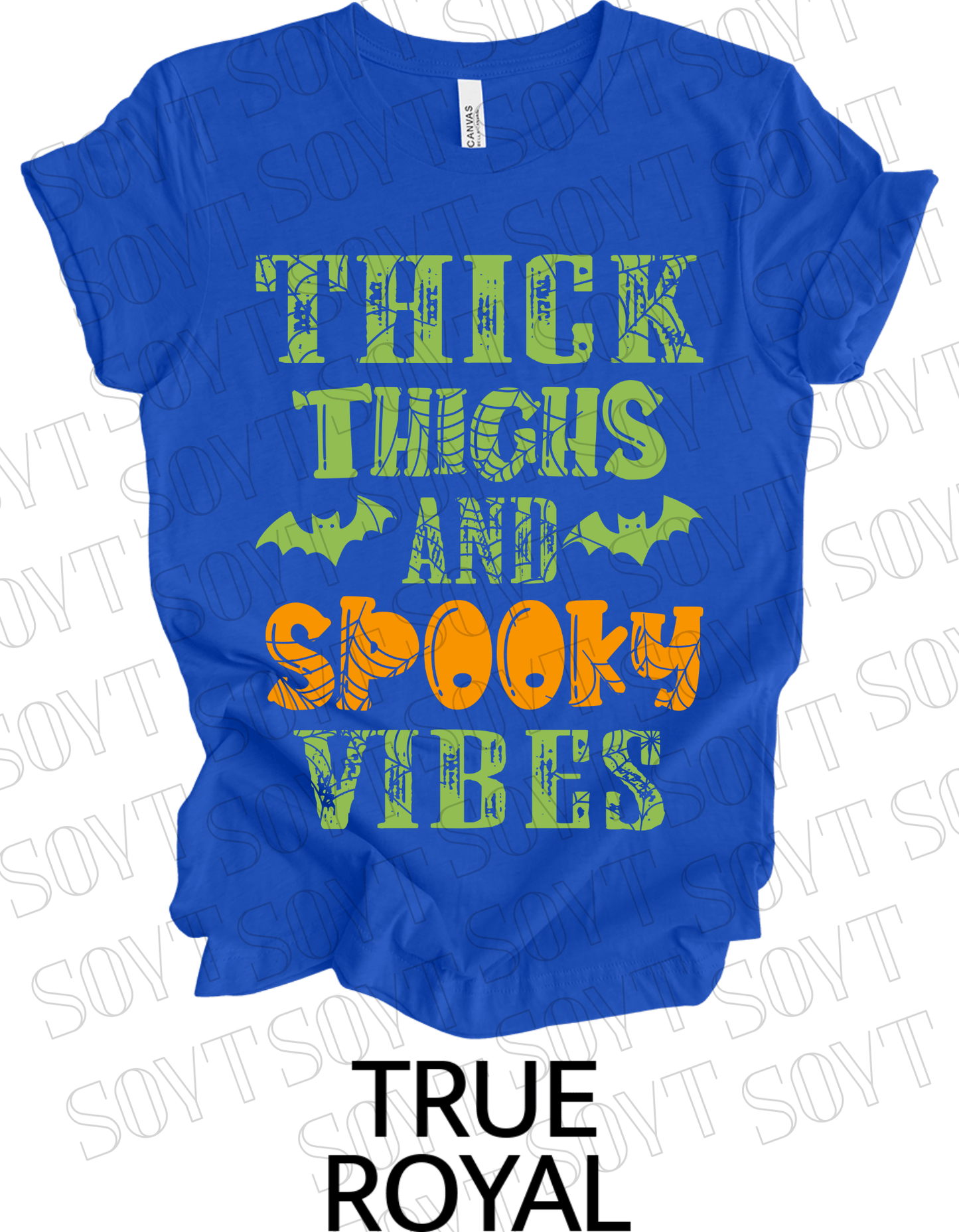 "Thick Thighs and Spooky Vibes" T-Shirt – Halloween Spiderweb & Bat Graphic Tee - Festive Apparel StoreRoyal Blue