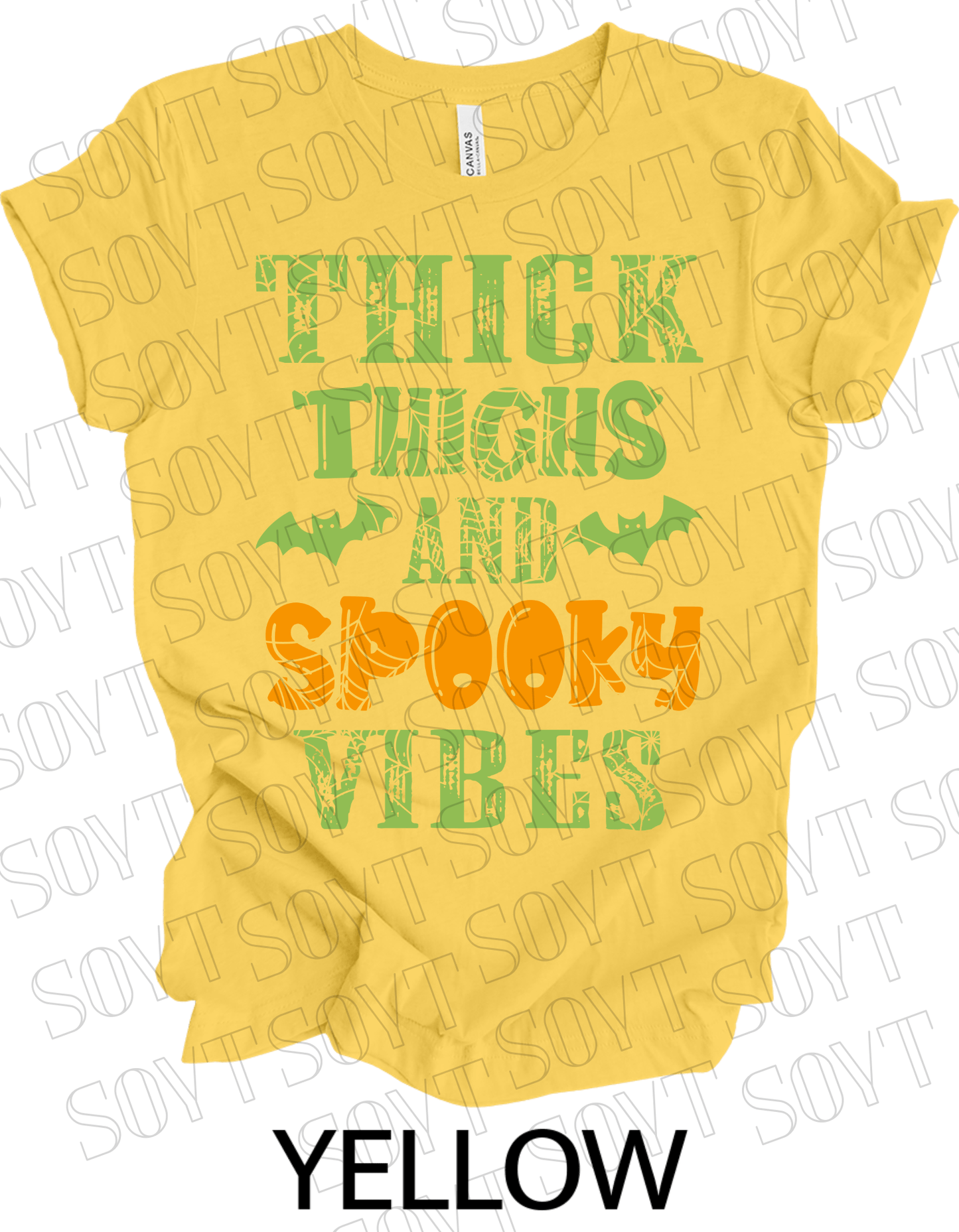 "Thick Thighs and Spooky Vibes" T-Shirt – Halloween Spiderweb & Bat Graphic Tee - Festive Apparel StoreYellow