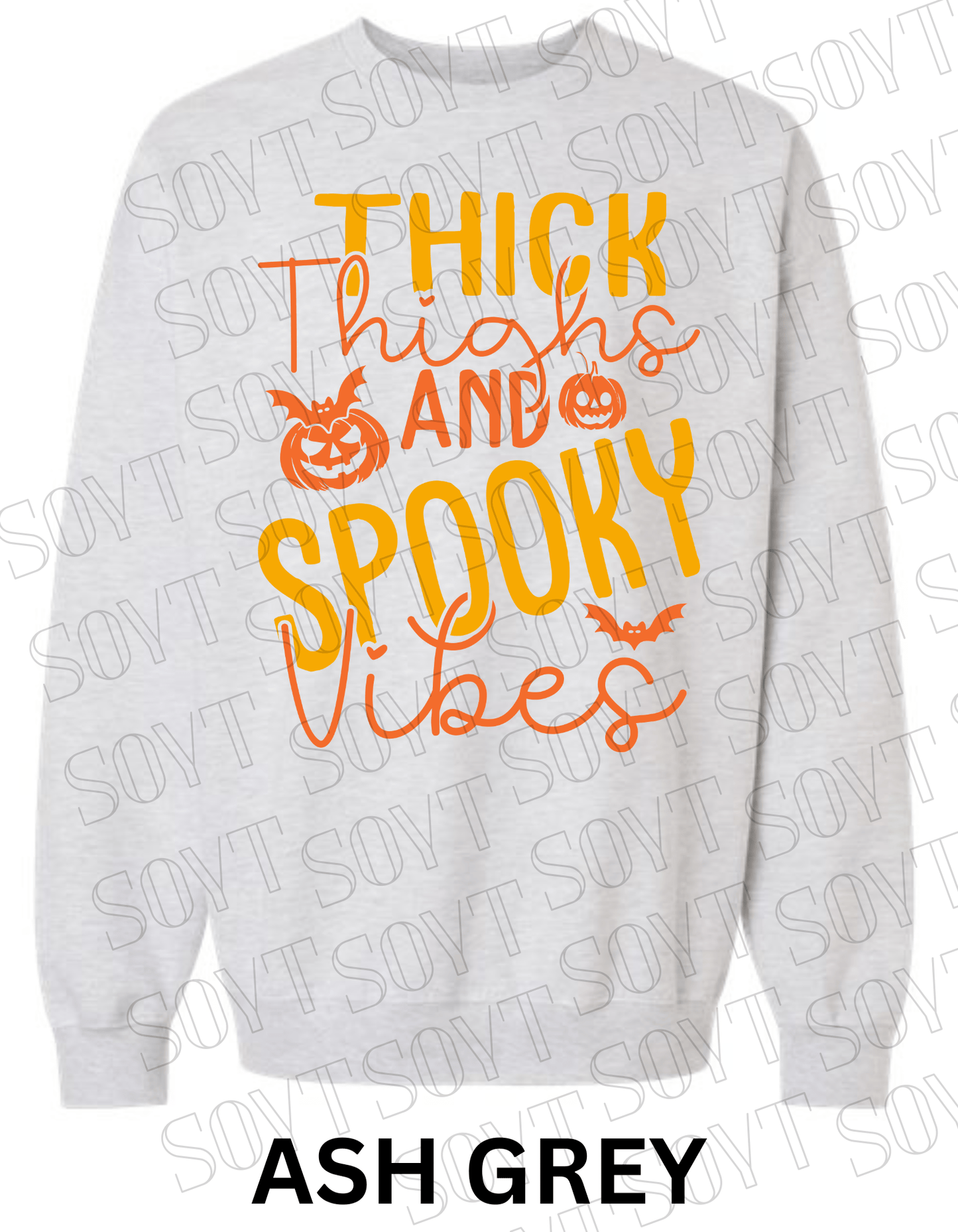 "Thick Thighs Spooky Vibes" Halloween Sweatshirt – Cute Body Positive Fall Pullover - Festive Apparel StoreAsh Grey