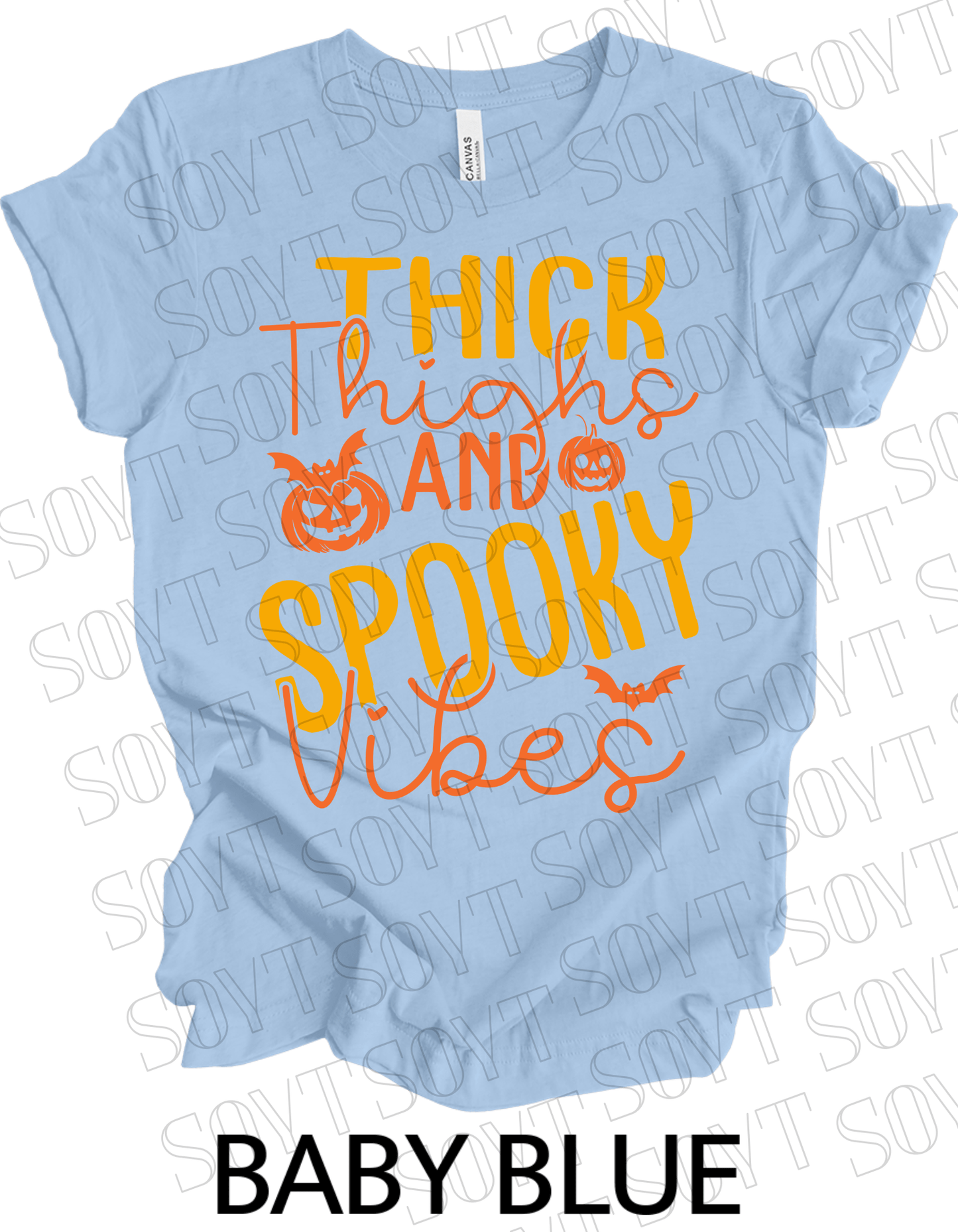 "Thick Thighs Spooky Vibes" Halloween T-Shirt – Retro Ghost & Pumpkin Graphic Tee - Festive Apparel StoreBaby Blue