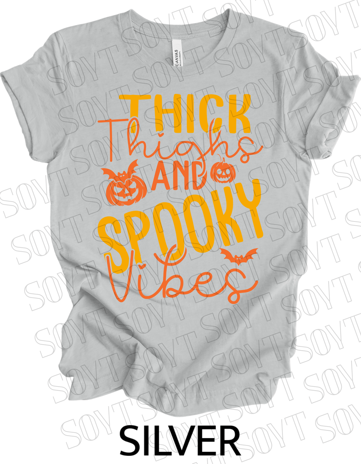 "Thick Thighs Spooky Vibes" Halloween T-Shirt – Retro Ghost & Pumpkin Graphic Tee - Festive Apparel StoreSilver