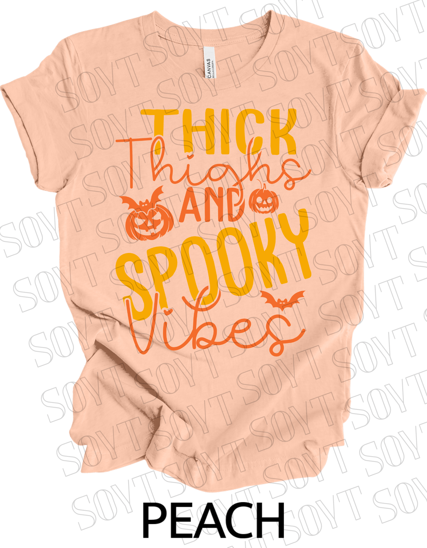 "Thick Thighs Spooky Vibes" Halloween T-Shirt – Retro Ghost & Pumpkin Graphic Tee - Festive Apparel StorePeach