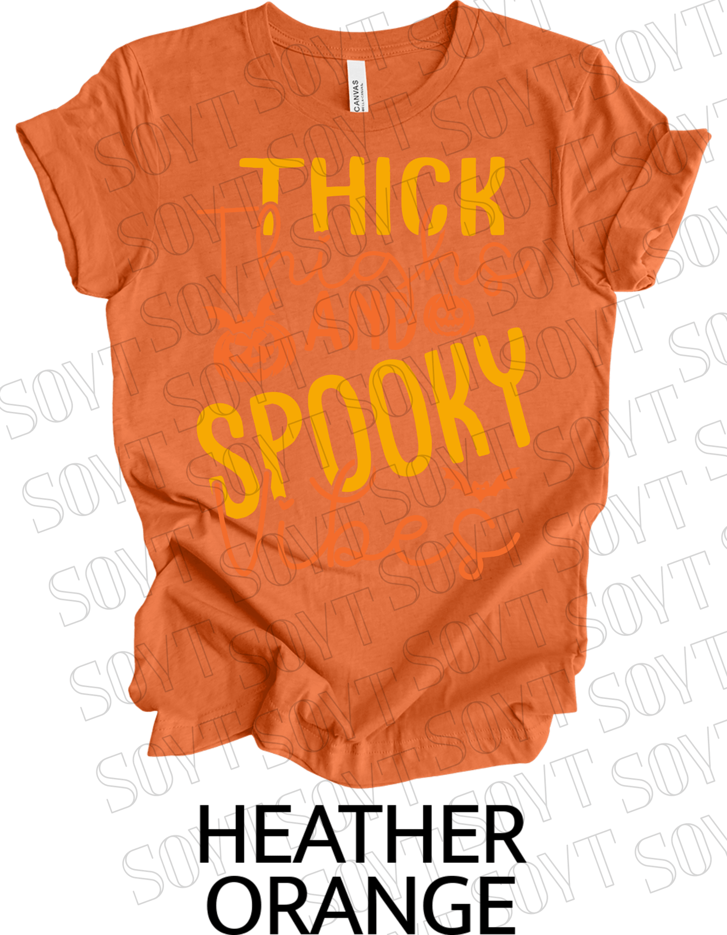 "Thick Thighs Spooky Vibes" Halloween T-Shirt – Retro Ghost & Pumpkin Graphic Tee - Festive Apparel StoreHeather Orange