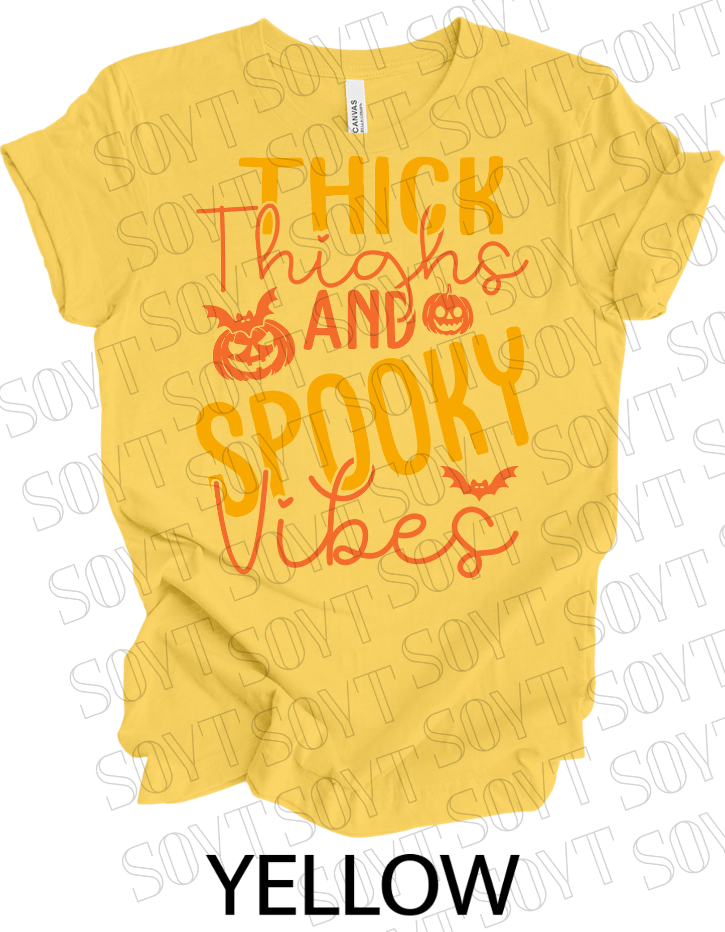"Thick Thighs Spooky Vibes" Halloween T-Shirt – Retro Ghost & Pumpkin Graphic Tee - Festive Apparel StoreYellow
