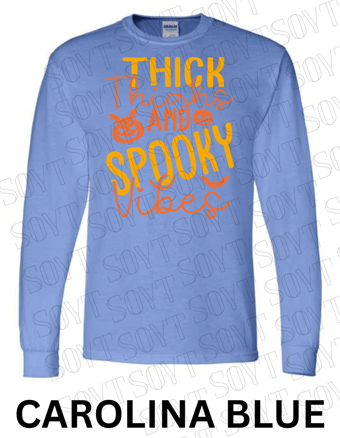"Thick Thighs Spooky Vibes" Long Sleeve Shirt – Cute Retro Halloween Graphic Tee - Festive Apparel StoreCarolina Blue