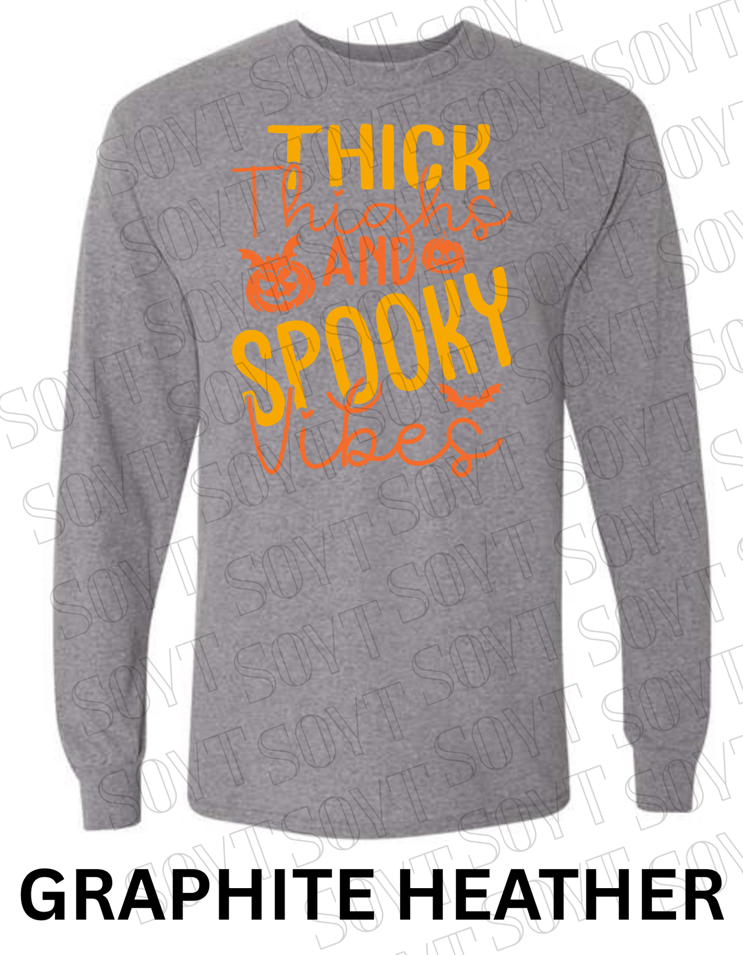 "Thick Thighs Spooky Vibes" Long Sleeve Shirt – Cute Retro Halloween Graphic Tee - Festive Apparel StoreGraphite Heather