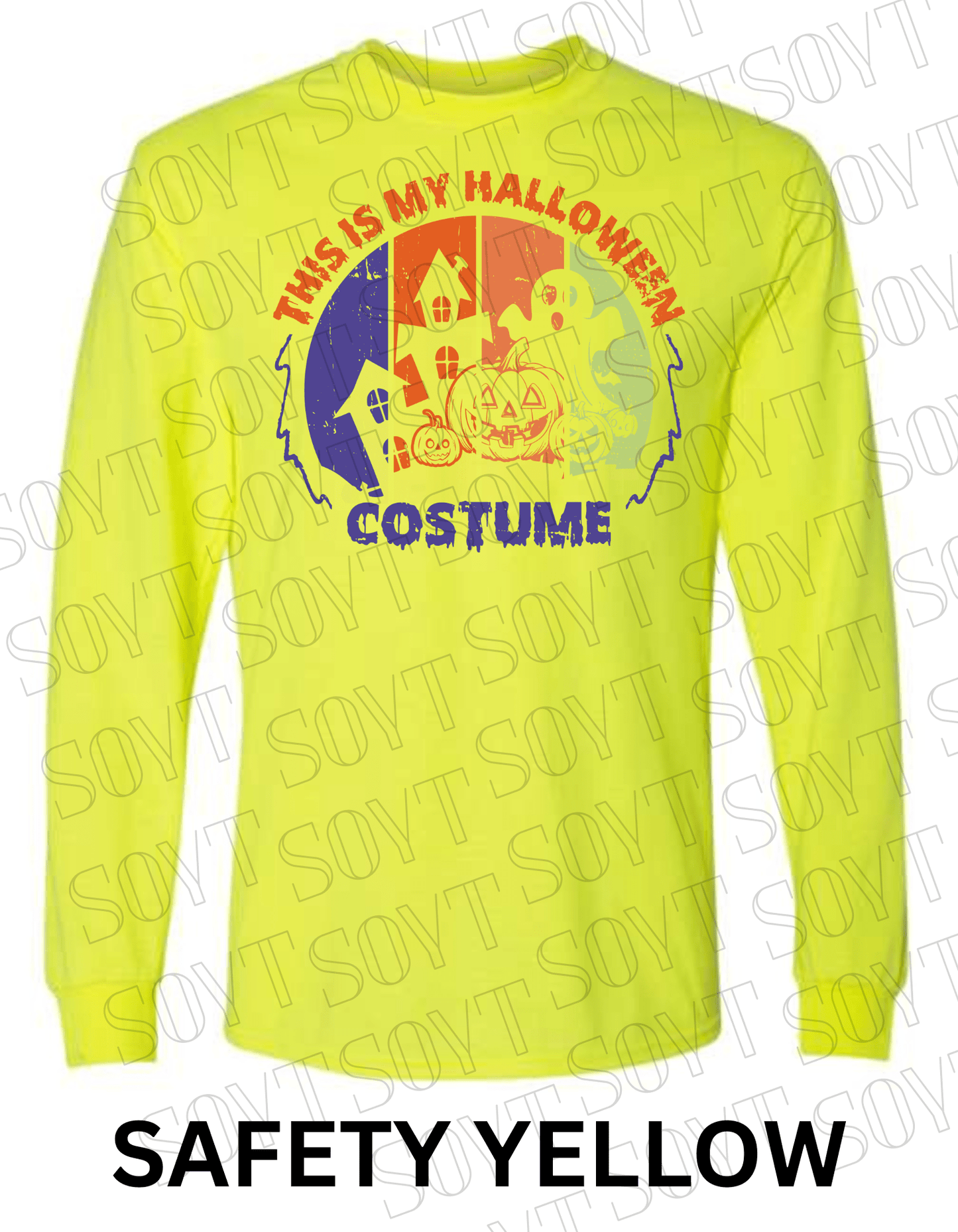 "This Is My Halloween Costume" Long Sleeve Shirt – Funny Retro Ghost & Pumpkin Graphic Tee - Festive Apparel StoreSafety Yellow