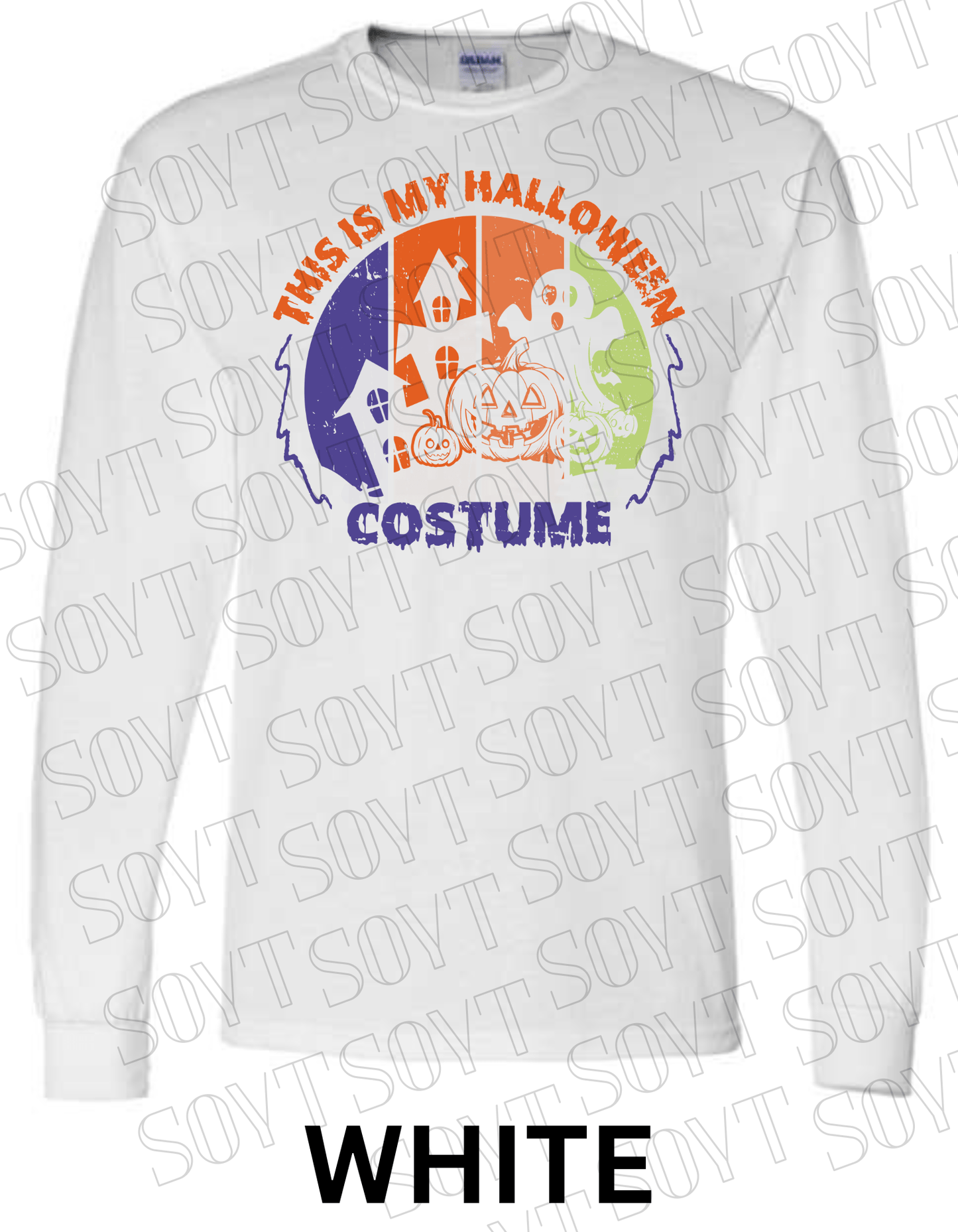 "This Is My Halloween Costume" Long Sleeve Shirt – Funny Retro Ghost & Pumpkin Graphic Tee - Festive Apparel StoreWhite