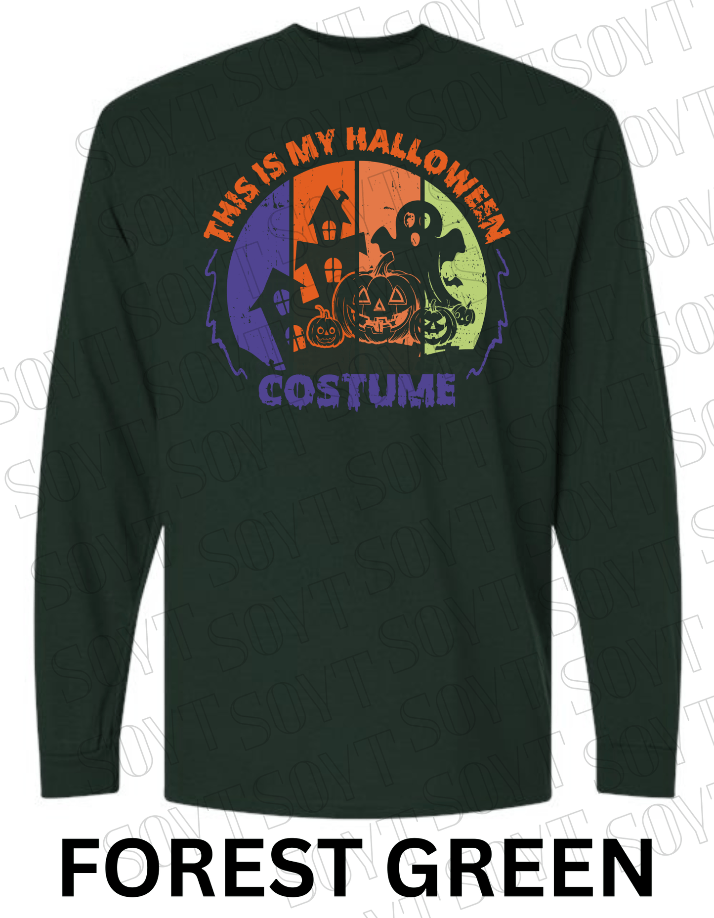 "This Is My Halloween Costume" Long Sleeve Shirt – Funny Retro Ghost & Pumpkin Graphic Tee - Festive Apparel StoreForest Green