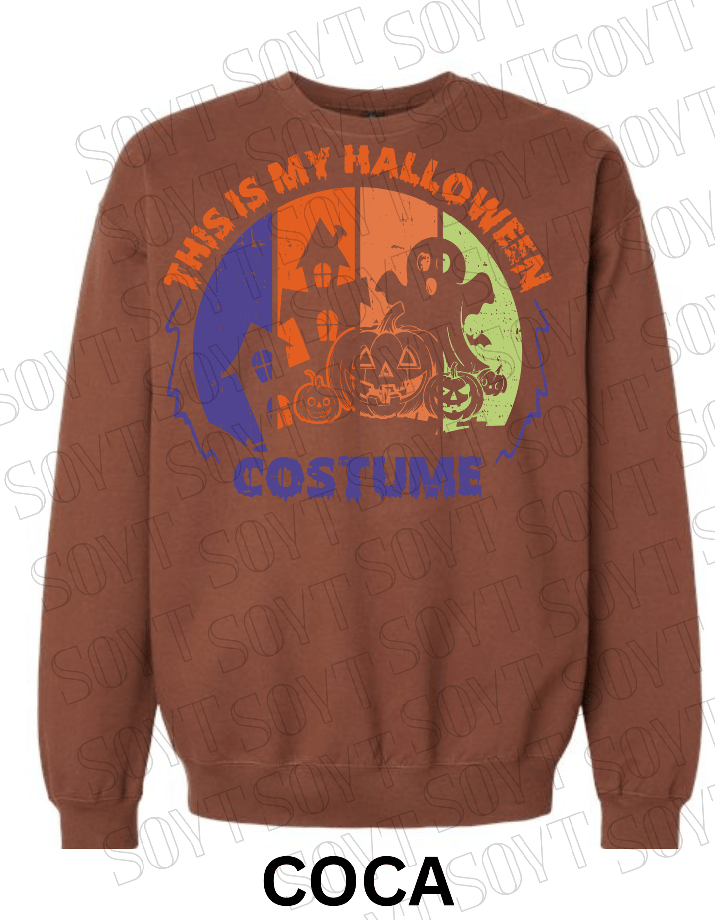 "This Is My Halloween Costume" Sweatshirt – Funny Retro Ghost, Pumpkin & Haunted House Pullover - Festive Apparel StoreCocoa Brown