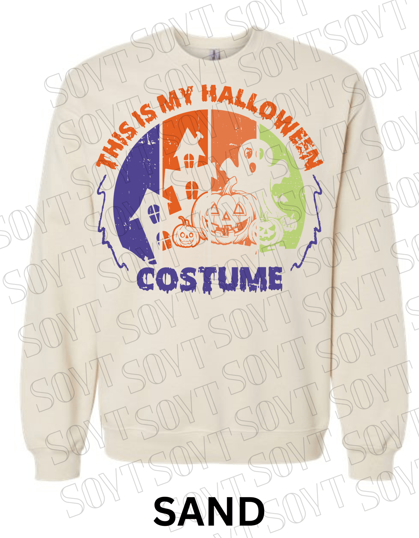 "This Is My Halloween Costume" Sweatshirt – Funny Retro Ghost, Pumpkin & Haunted House Pullover - Festive Apparel StoreSand