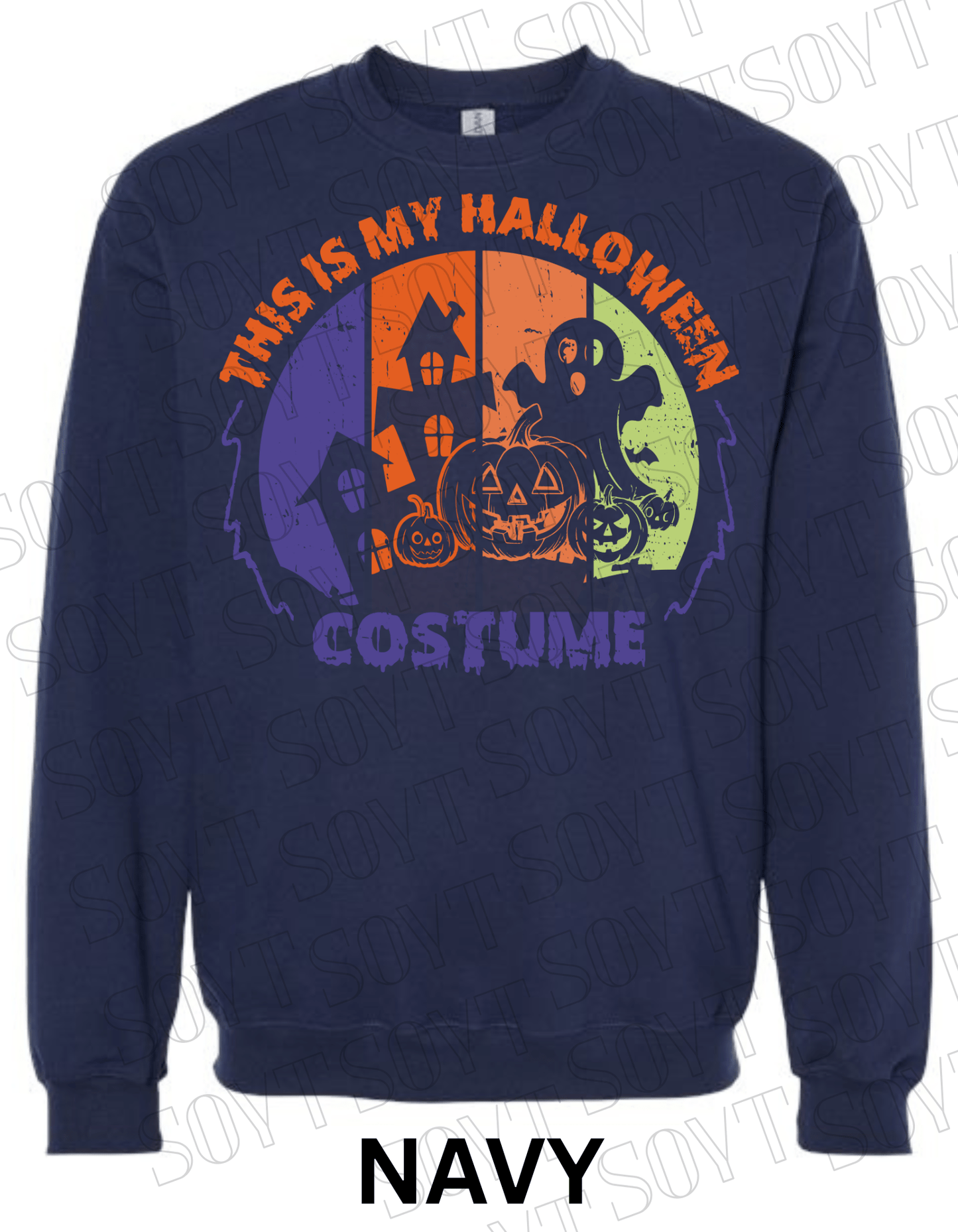 "This Is My Halloween Costume" Sweatshirt – Funny Retro Ghost, Pumpkin & Haunted House Pullover - Festive Apparel StoreNavy Blue