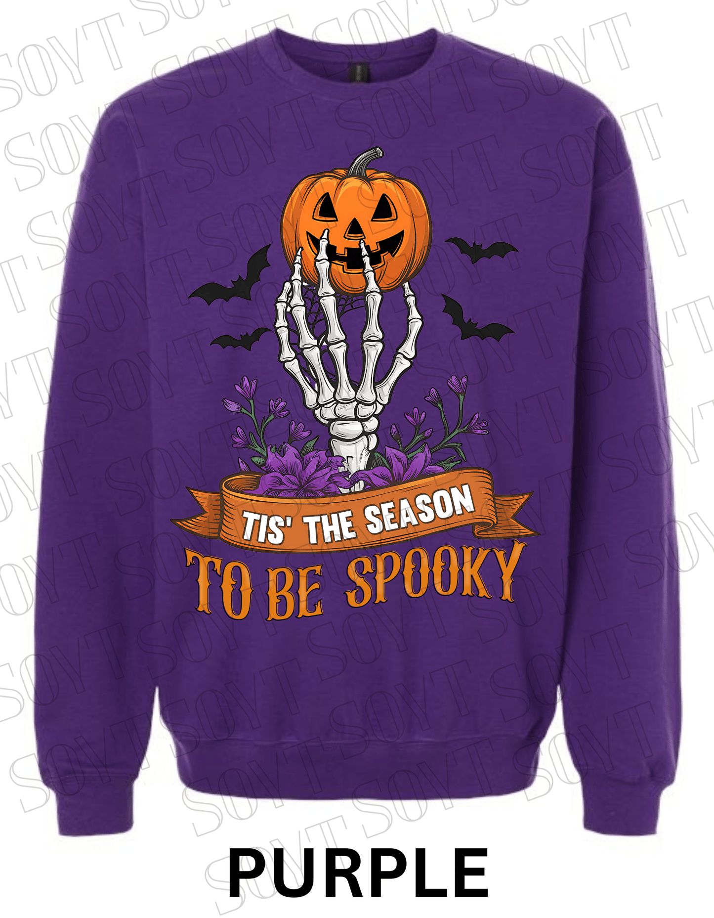 "Tis’ the Season to Be Spooky" Halloween Sweatshirt – Skeleton Hand, Pumpkin & Floral Fleece Pullover - Festive Apparel StorePurple