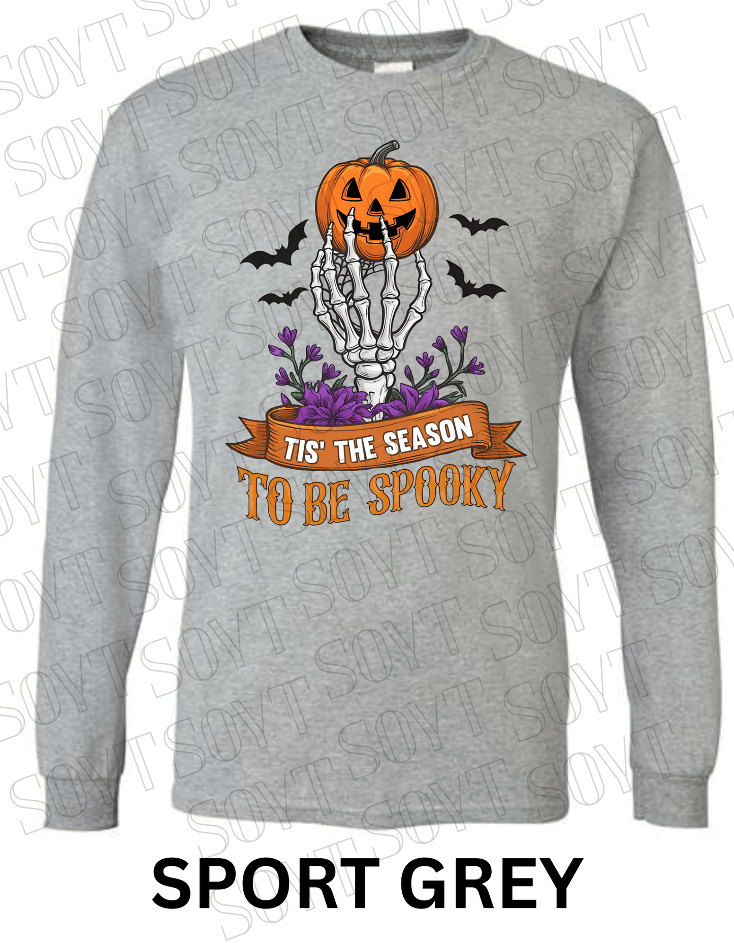 "Tis’ the Season to Be Spooky" Halloween T-Shirt – Skeleton Hand, Pumpkin & Floral Graphic Tee - Festive Apparel StoreSport Grey