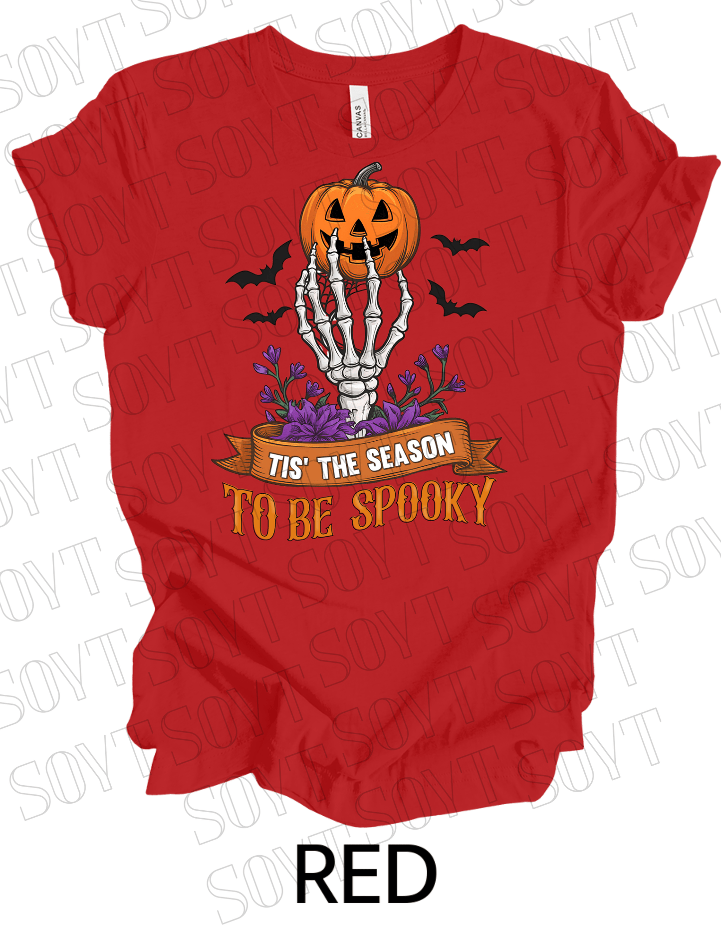 "Tis’ the Season to Be Spooky" Halloween T-Shirt – Skeleton Hand, Pumpkin & Floral Graphic Tee - Festive Apparel StoreRed