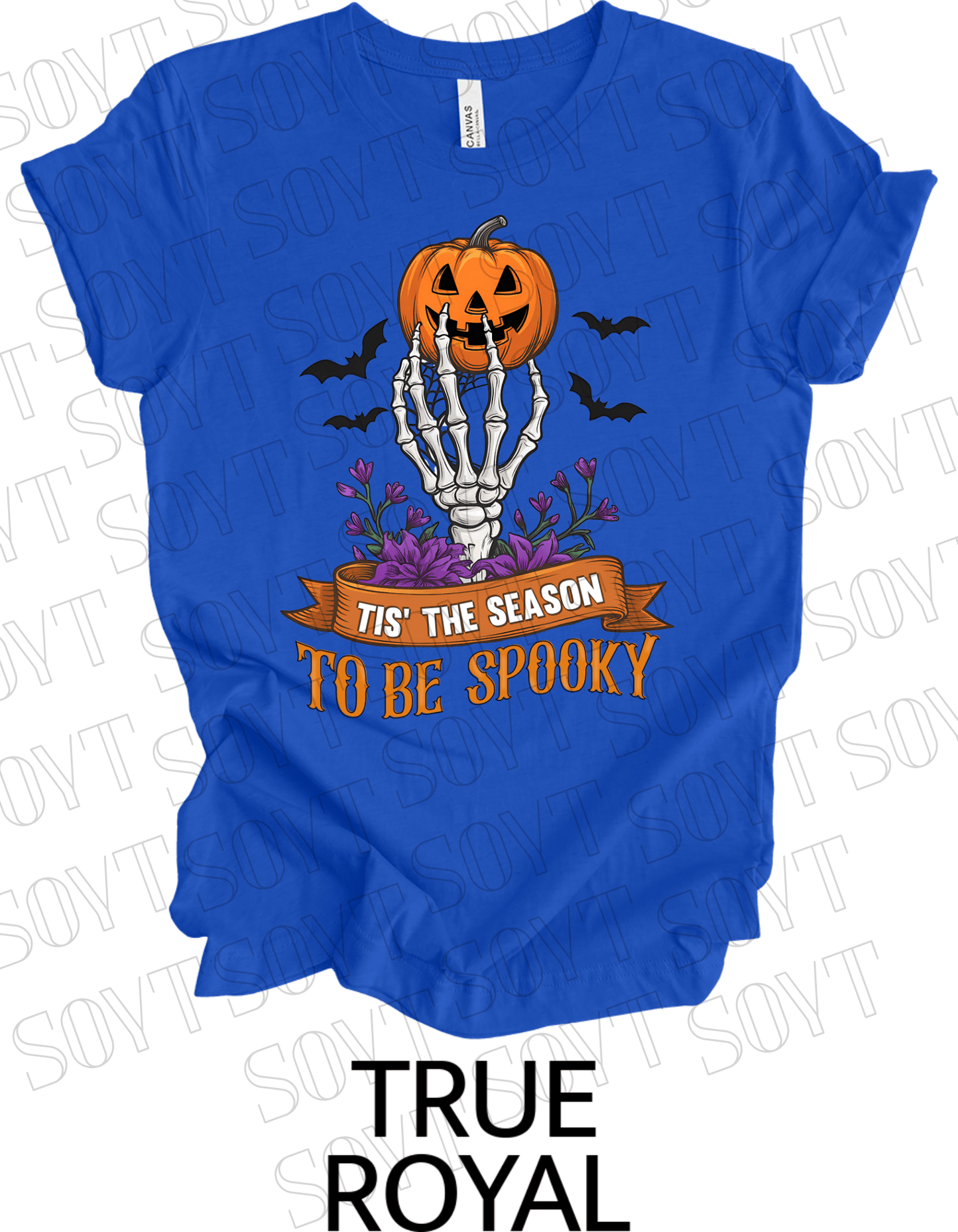 "Tis’ the Season to Be Spooky" Halloween T-Shirt – Skeleton Hand, Pumpkin & Floral Graphic Tee - Festive Apparel StoreRoyal Blue