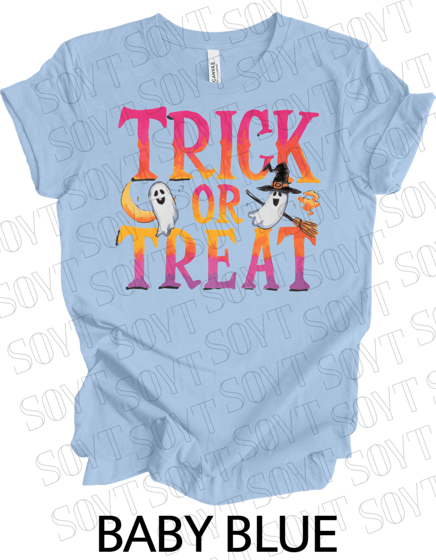 Trick or Treat Ghost T-Shirt – Cute Halloween Ghost with Candy Bag Graphic Tee - Festive Apparel StoreBaby Blue