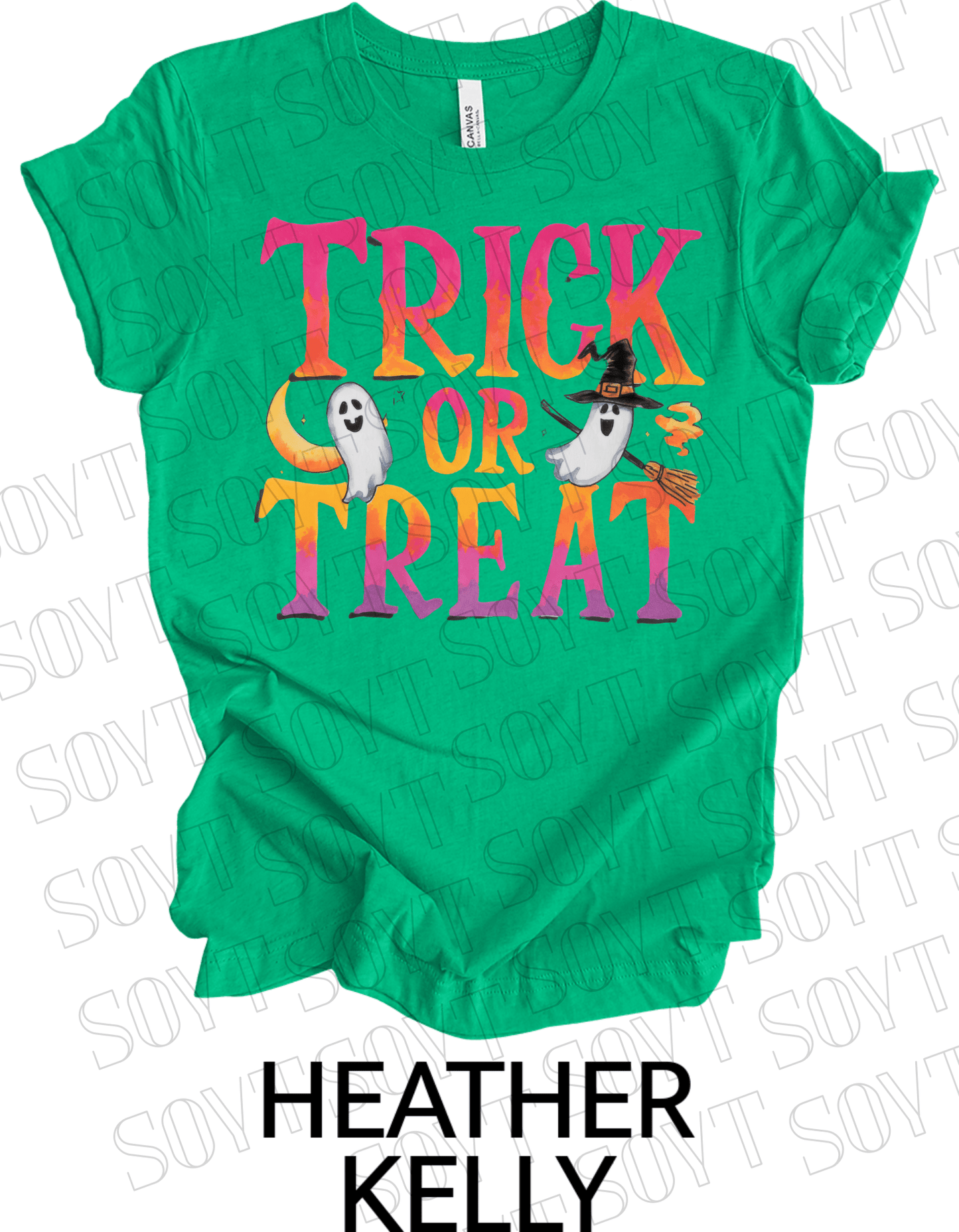 Trick or Treat Ghost T-Shirt – Cute Halloween Ghost with Candy Bag Graphic Tee - Festive Apparel StoreHeather Kelly Green