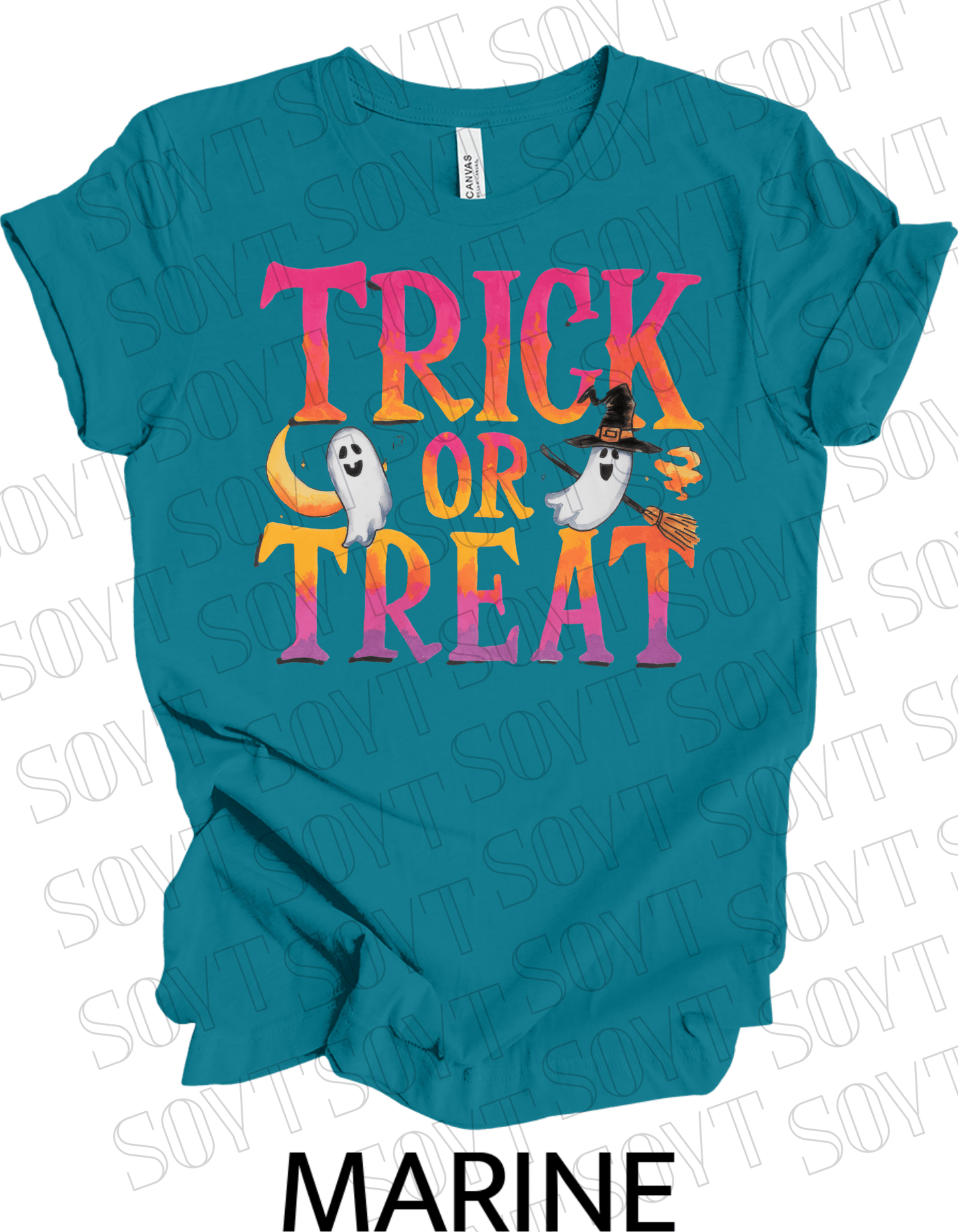 Trick or Treat Ghost T-Shirt – Cute Halloween Ghost with Candy Bag Graphic Tee - Festive Apparel StoreMarine