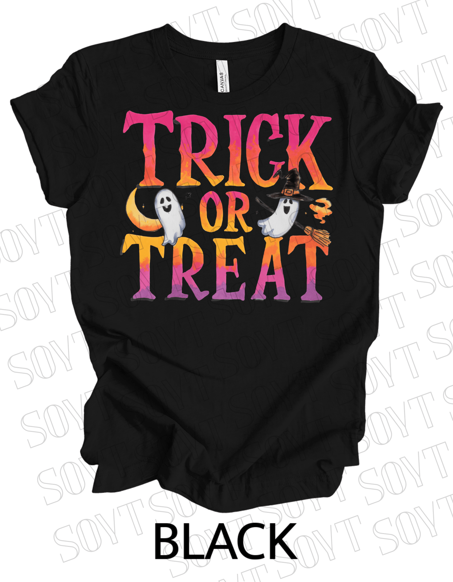 Trick or Treat Ghost T-Shirt – Cute Halloween Ghost with Candy Bag Graphic Tee - Festive Apparel StoreBlack