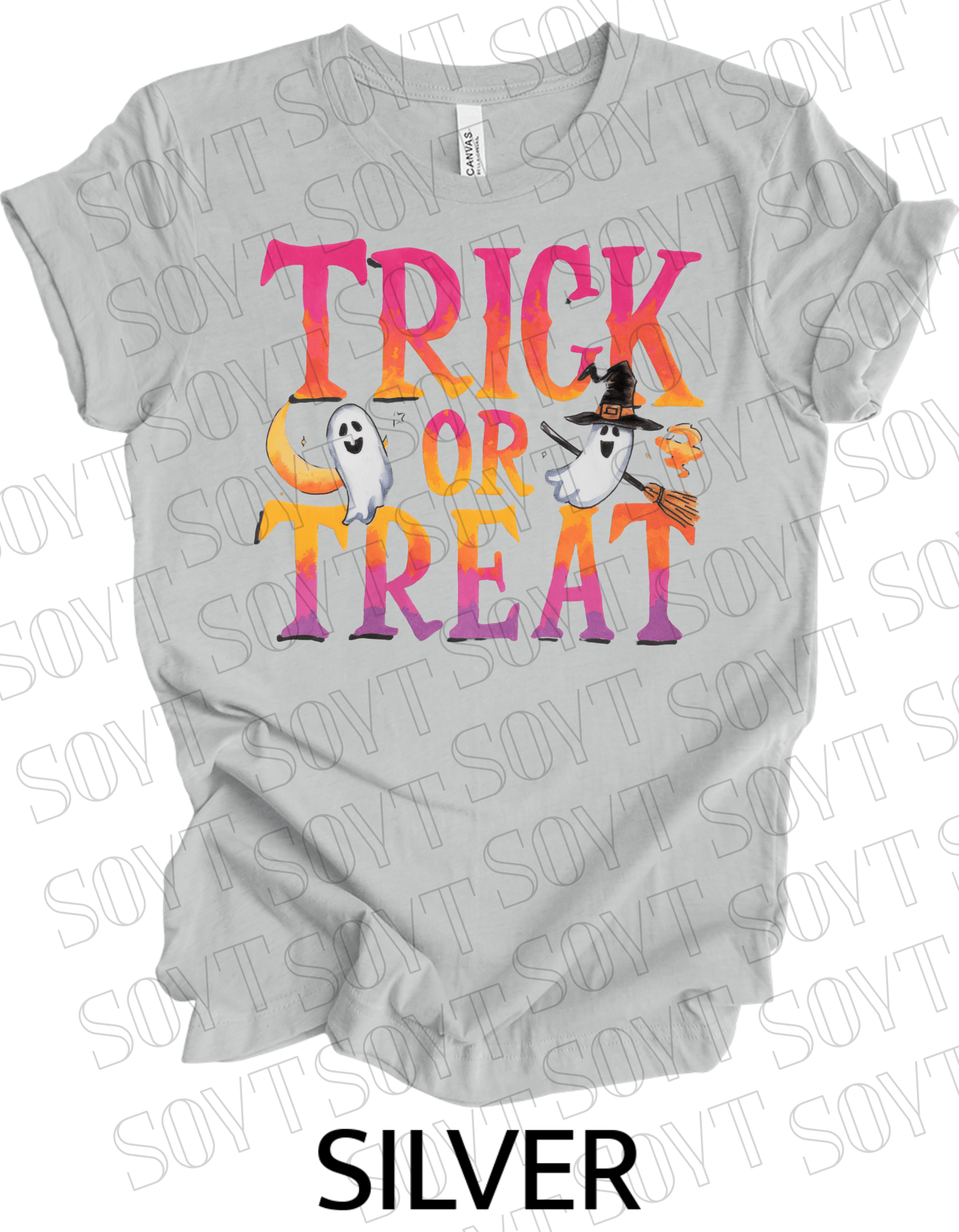 Trick or Treat Ghost T-Shirt – Cute Halloween Ghost with Candy Bag Graphic Tee - Festive Apparel StoreSilver
